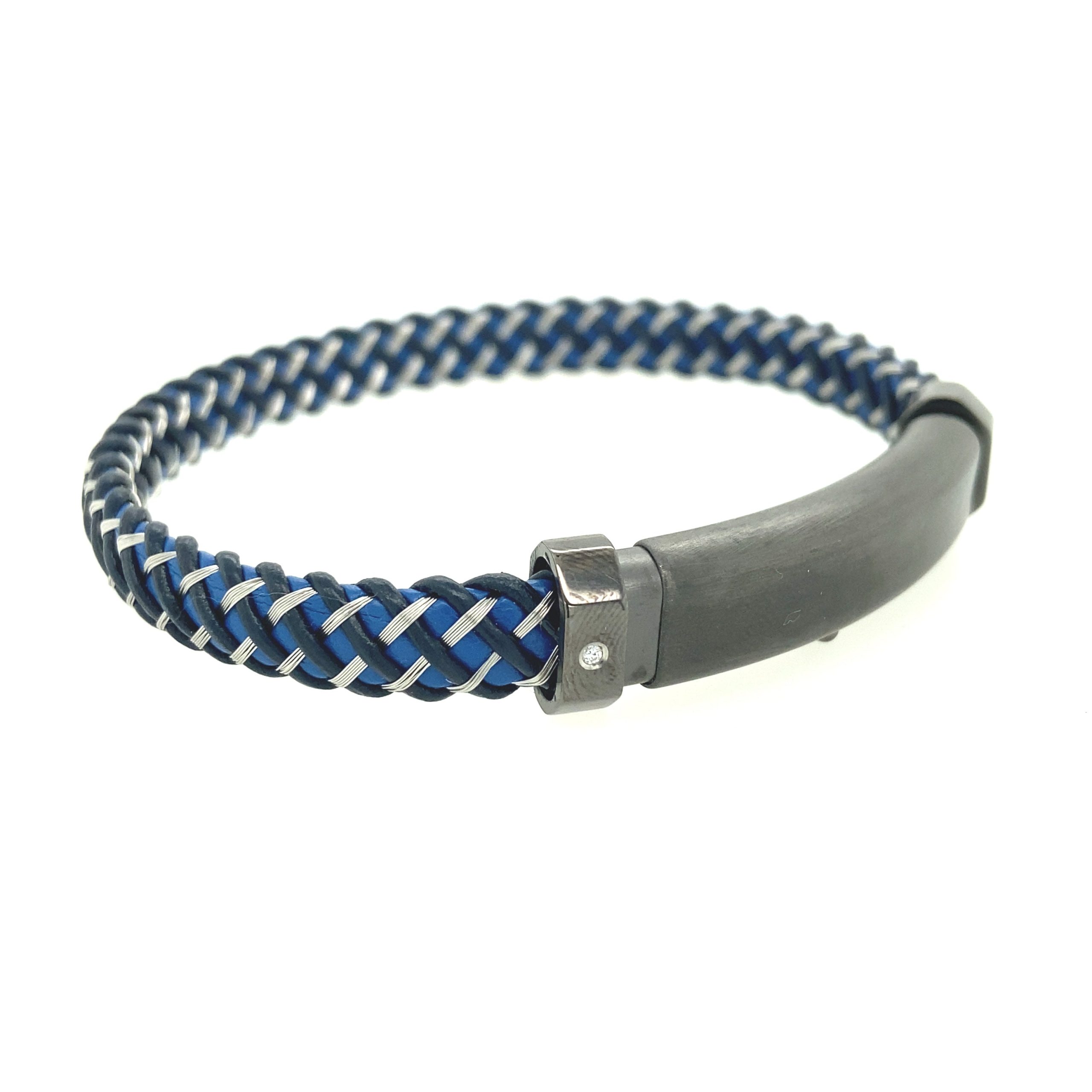 BLUE LEATHER & STEEL BRAID, STAINLESS STEEL CLASP WITH DIAMOND