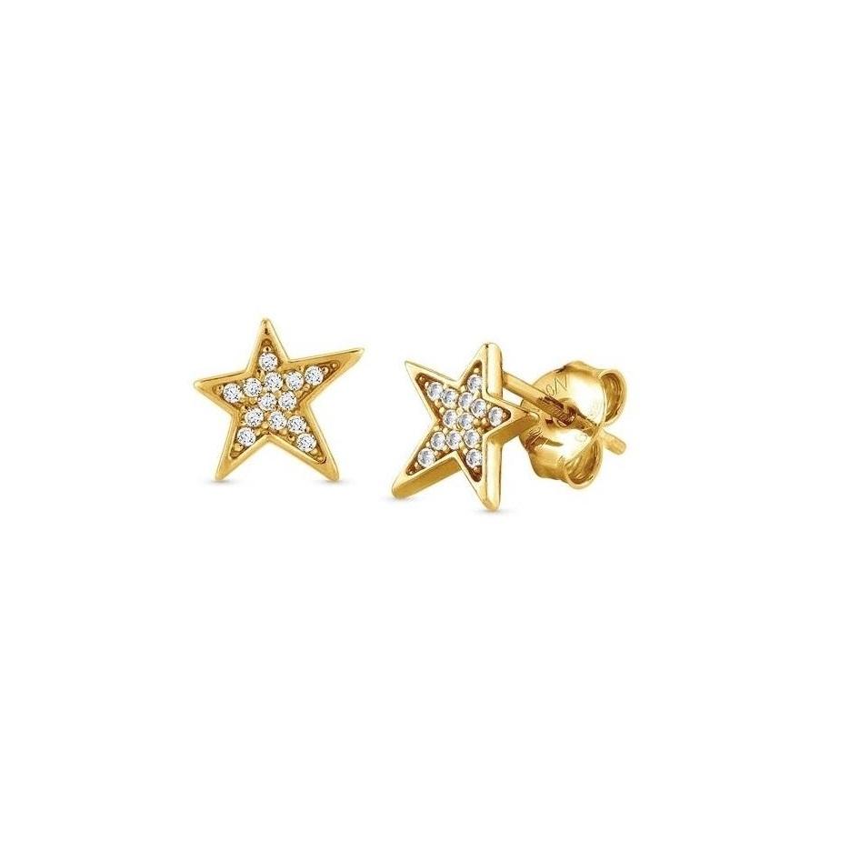 Yellow Gold Stud Earrings with Stars & White Zirconia