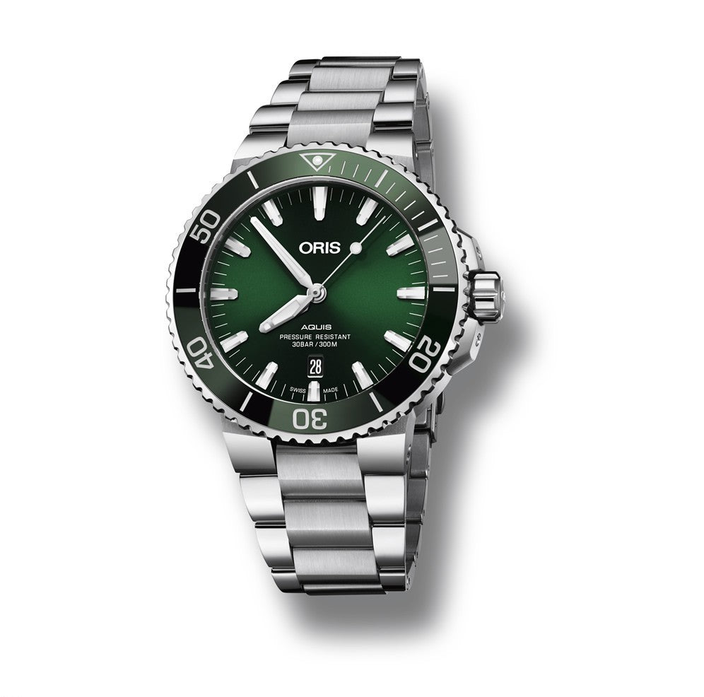 AQUIS CERAMIC BEZEL GREEN STEEL DATE WATCH 43.5MM