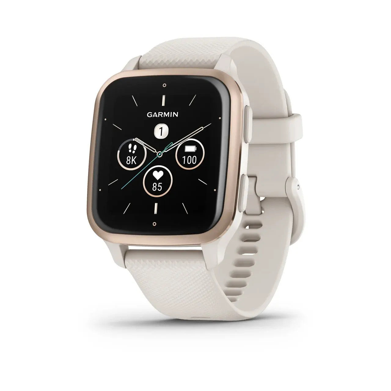 Venu® Sq 2 – Music Edition 194.99Peach Gold Aluminum Bezel with Ivory Case and Silicone Band