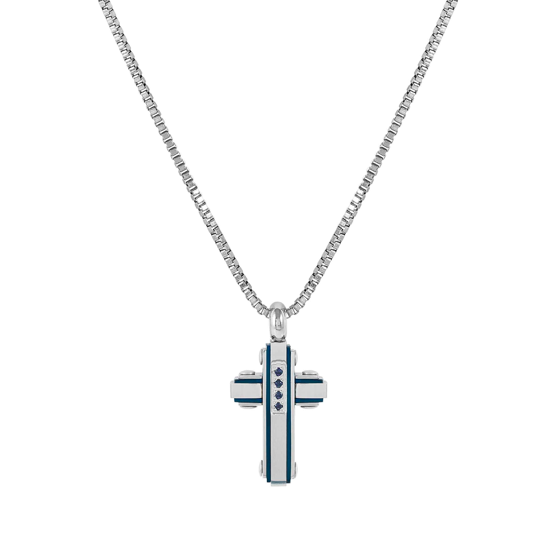 Strong Diamond necklace, Cross with 4 Blue Sapphires