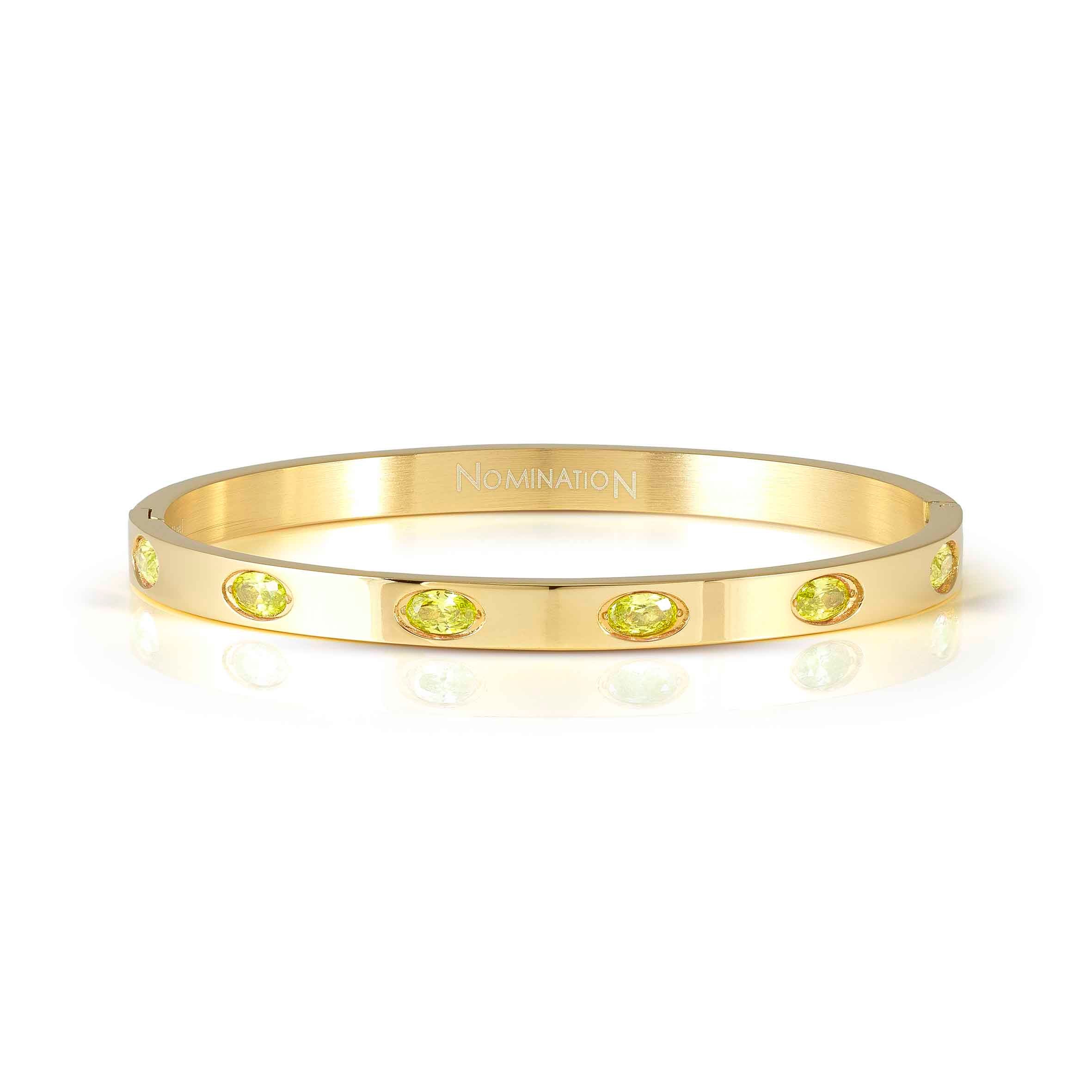 Pretty Bangles rigid bracelet, yellow PVD, Green stones