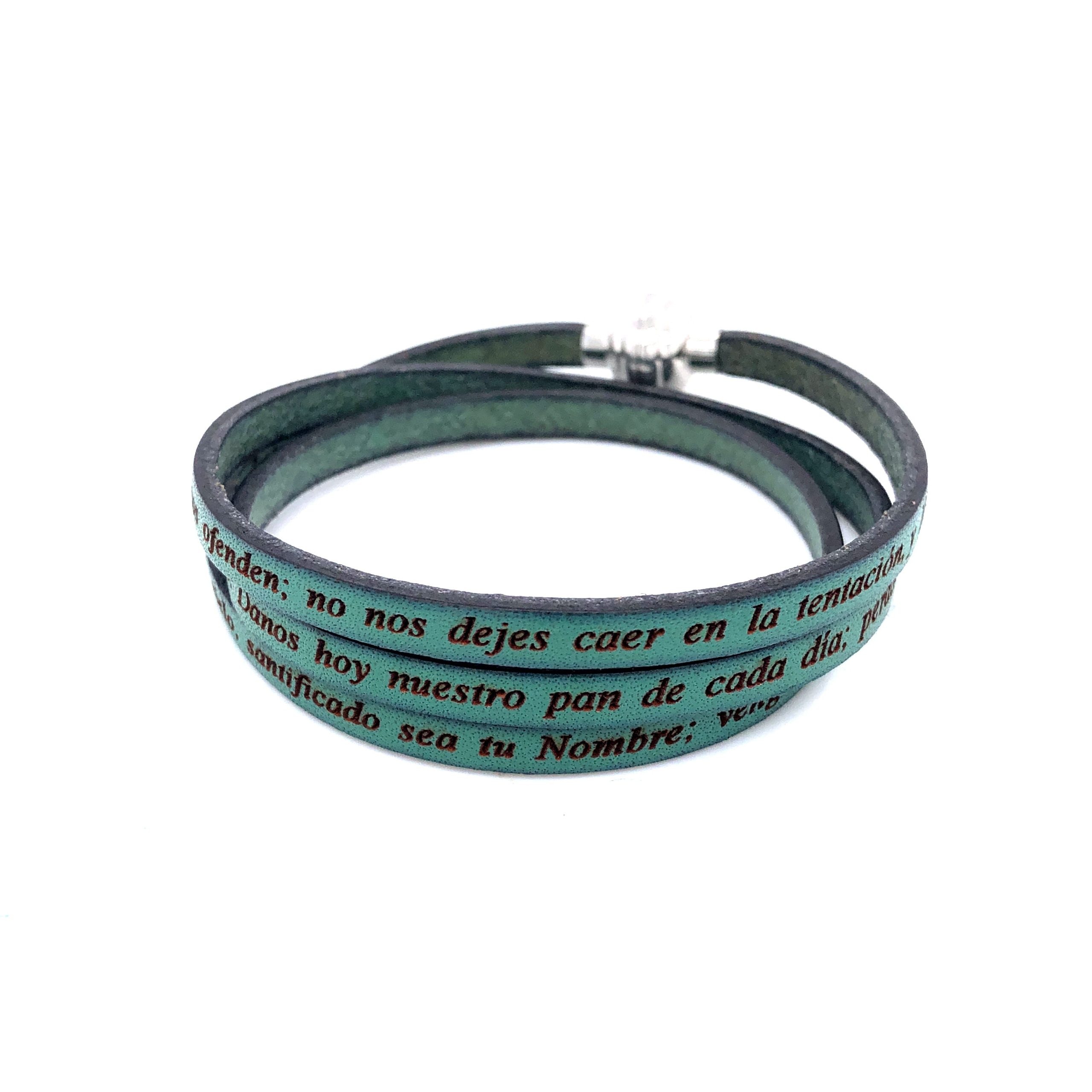 Lord's Prayer in Spanish Engraved Leather Bracelet (Green)