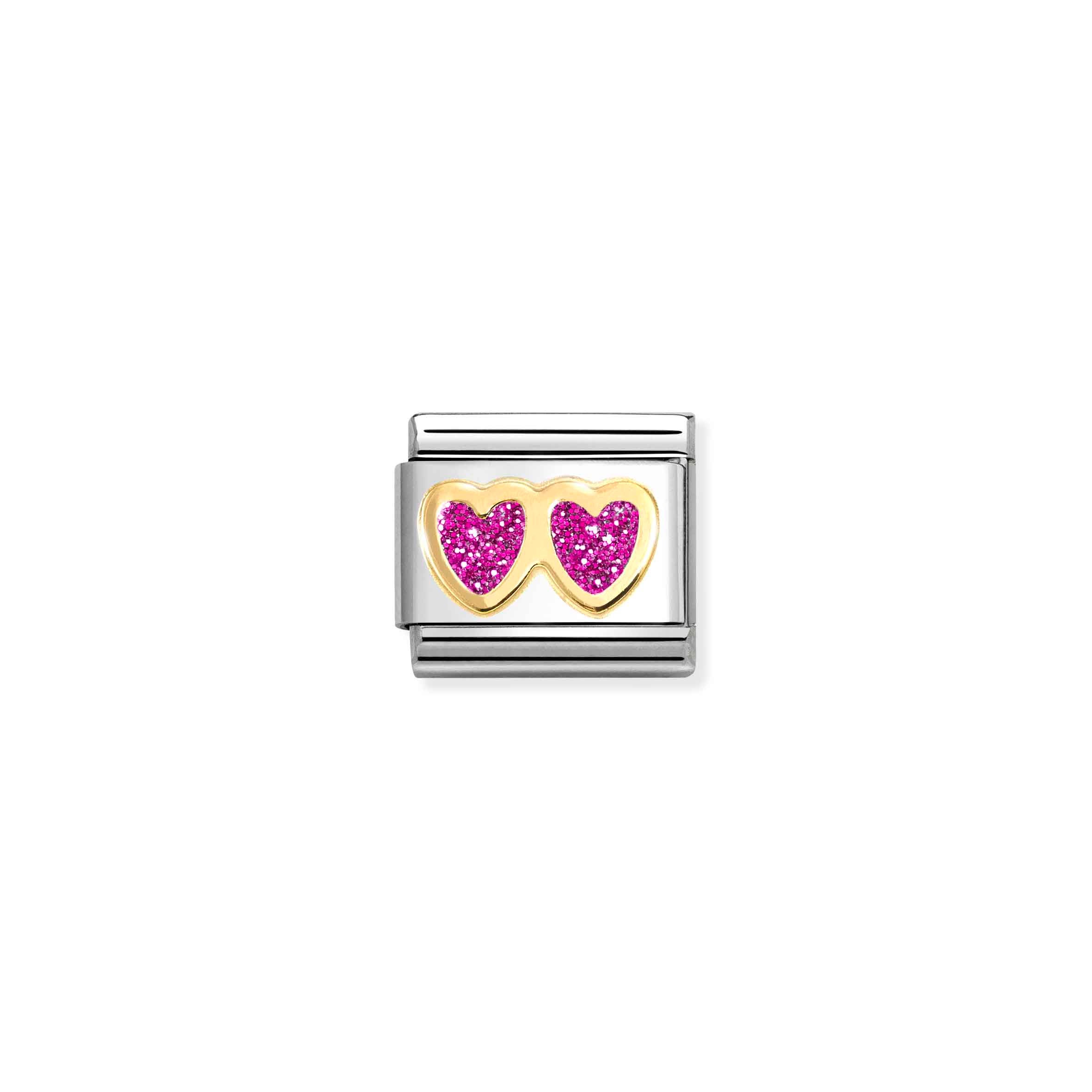 Charm, Composable Link, Double Heart, Fucsia Glitter
