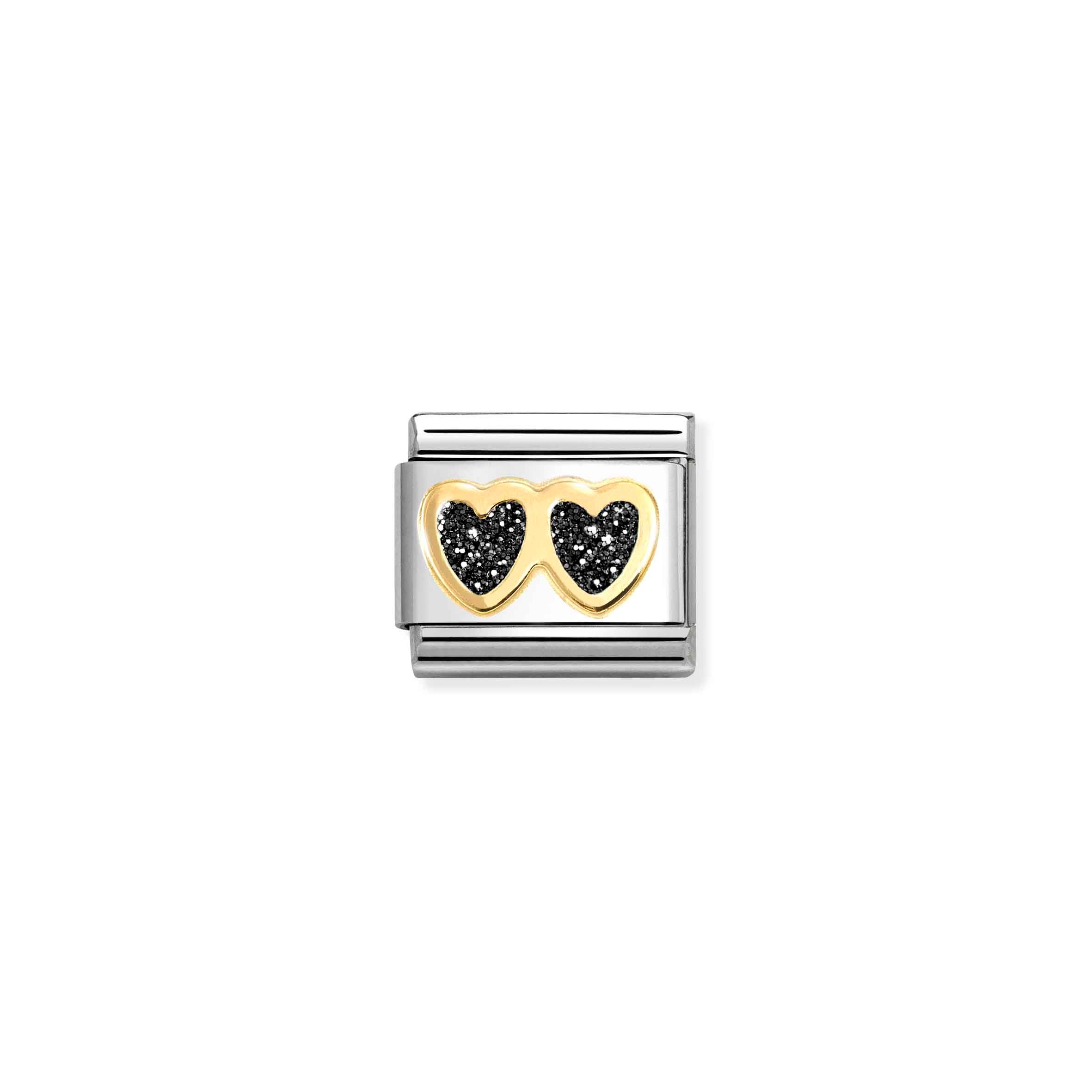 Charm, Composable Link, Double Heart, Black Glitter