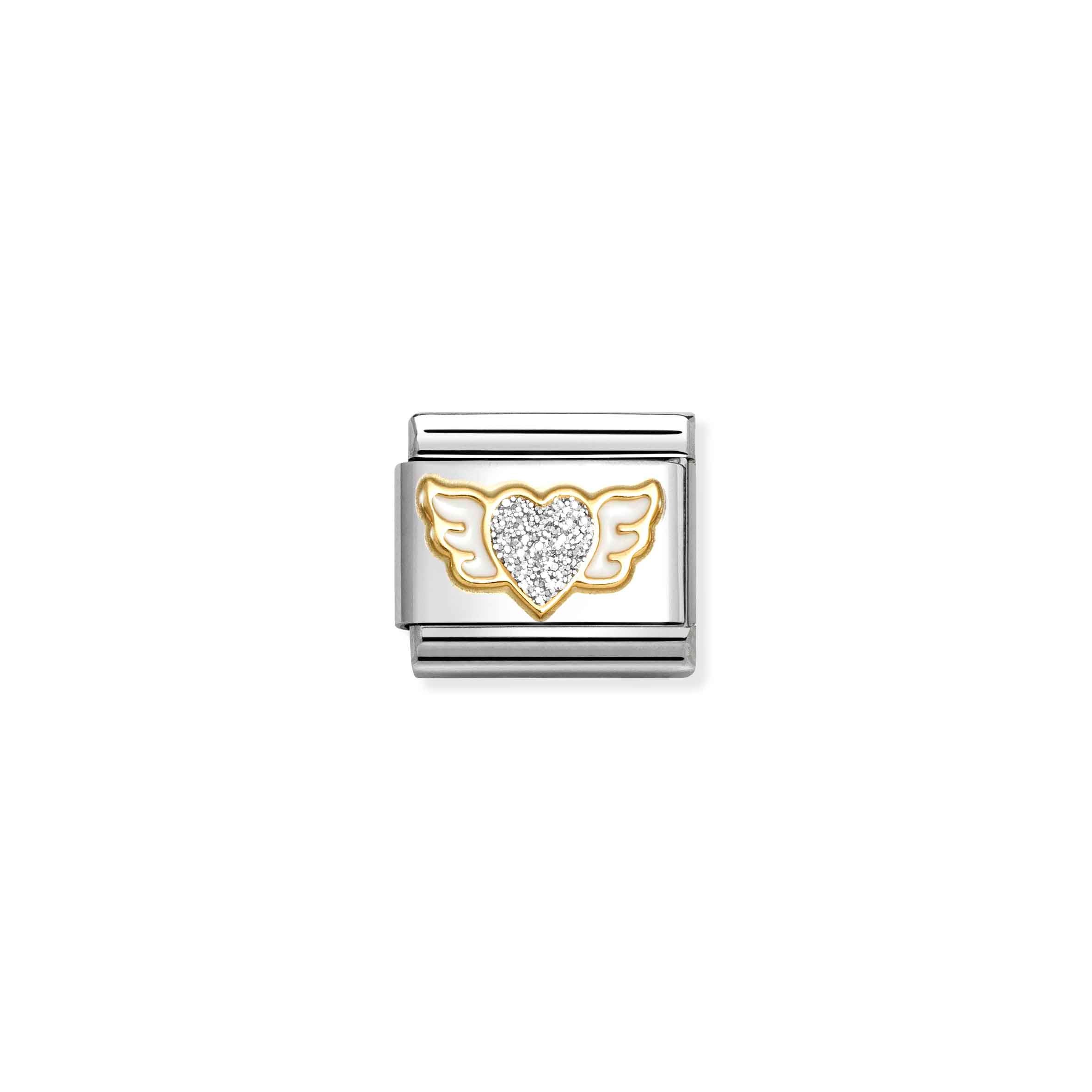 Charm, Composable Link, Heart with wings, Silver Glitter