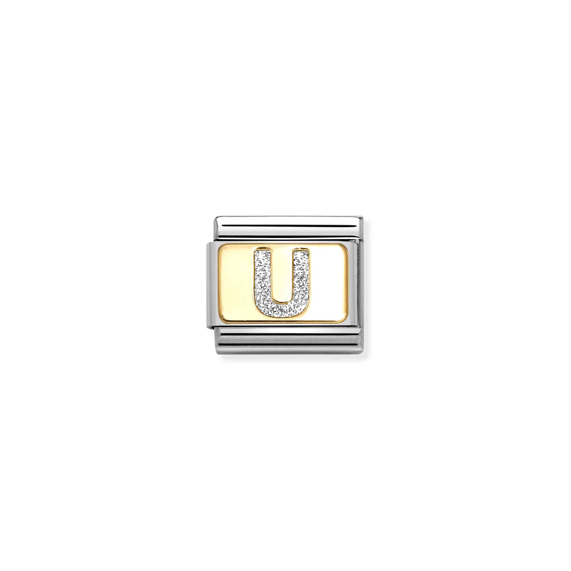 Charm, Composable Link, Letter U, Silver Glitter