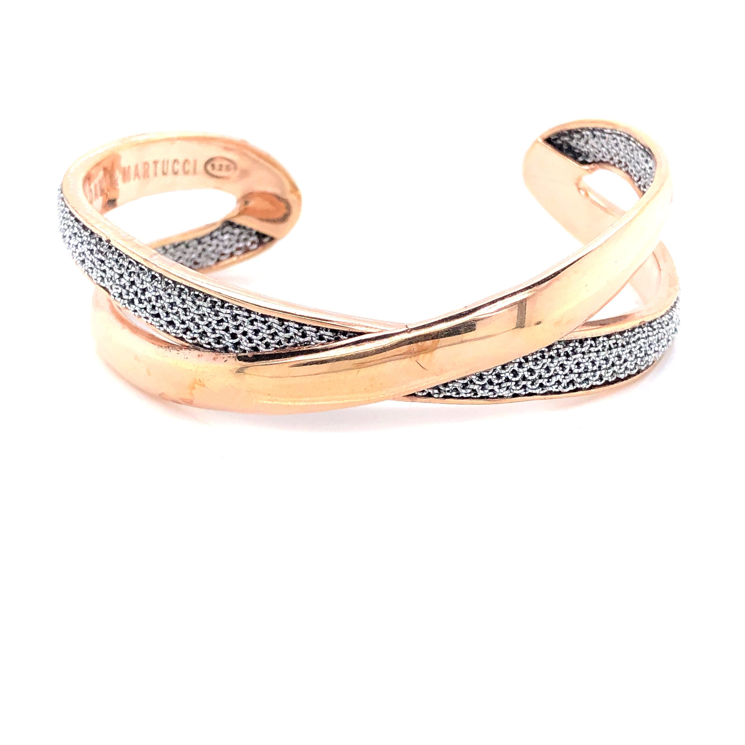 Rose Gold Open Ended Bangle Bracelet with Silver Mesh