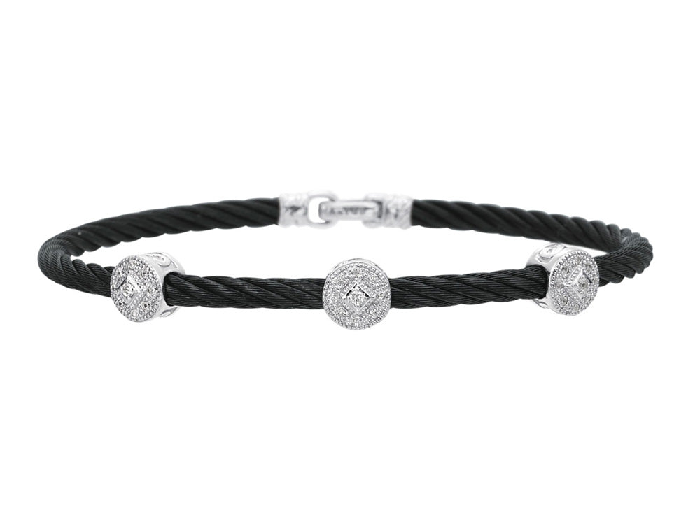 Alor 18 karat White Gold, stainless steel and black stainless steel cable 1 row 3.0 mm and Diamonds 0.14 total carat weight. Imported.