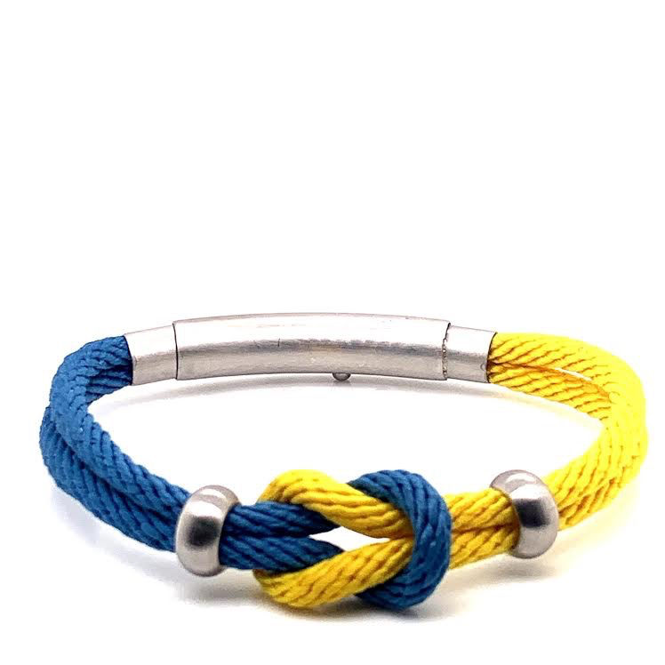 Yellow and Light Blue Double Rope Knot with Silver Beads Bracelet (Blue/Silver)