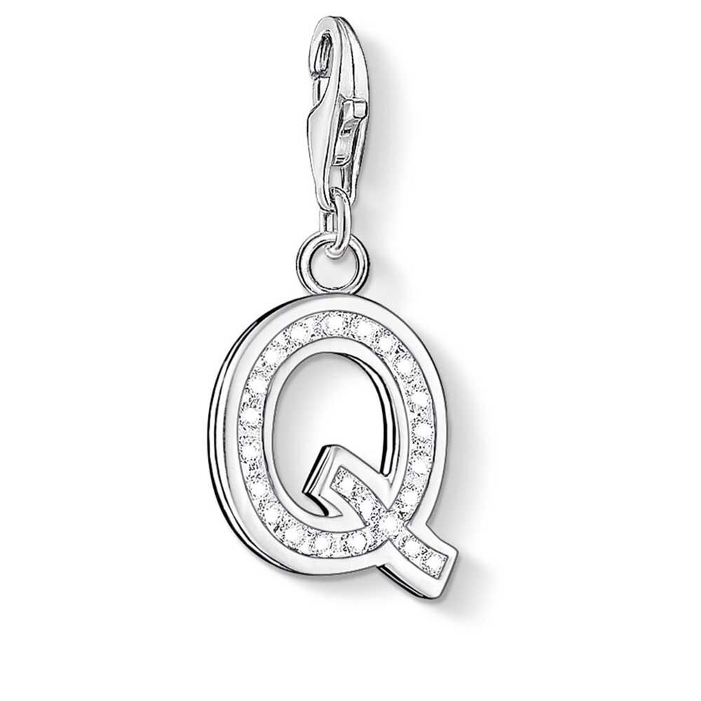 Letter Q with CZ Crystals Charm (Silver)
