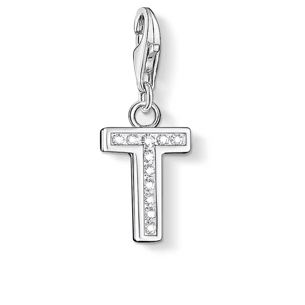 Letter T with CZ Crystals Charm (Silver)