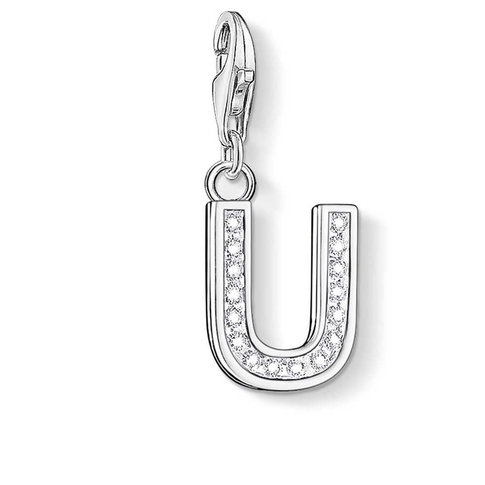 Letter U with CZ Crystals Charm (Silver)