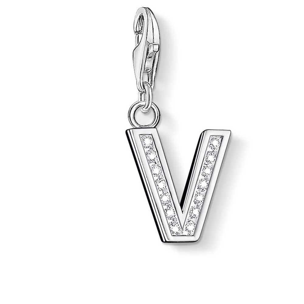 Letter V with CZ Crystals Charm (Silver)