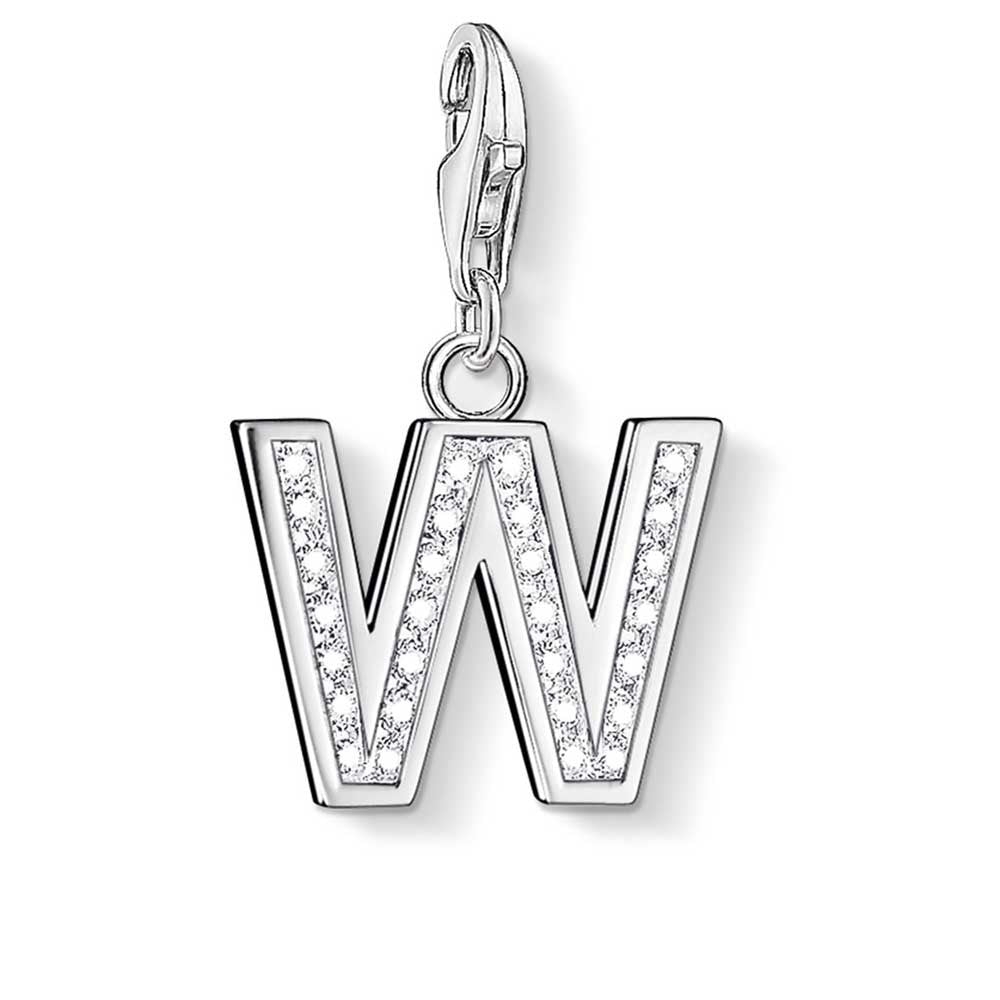 Letter W with CZ Crystals Charm (Silver)