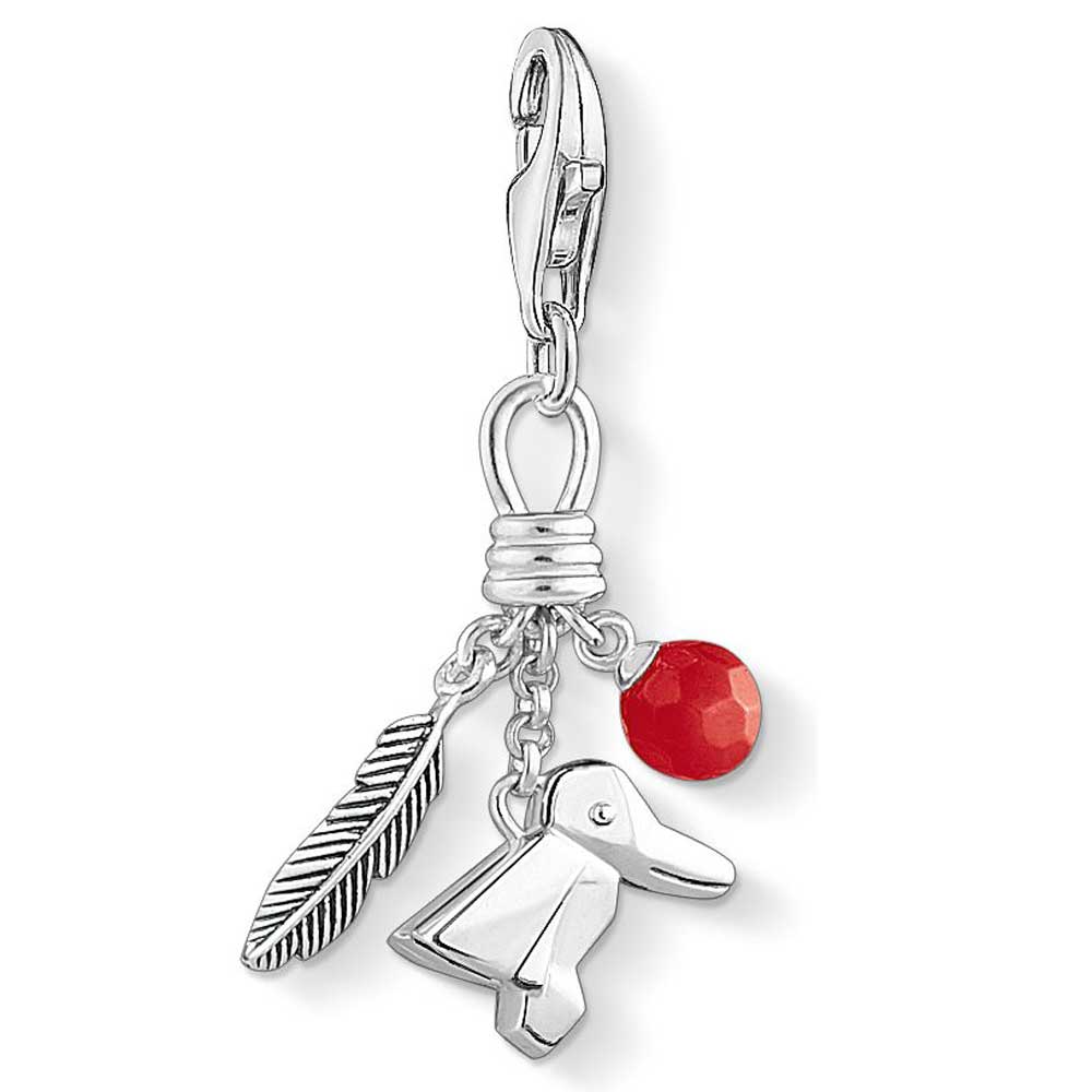 Bird, Feather and Berry Charm (Silver/Red)