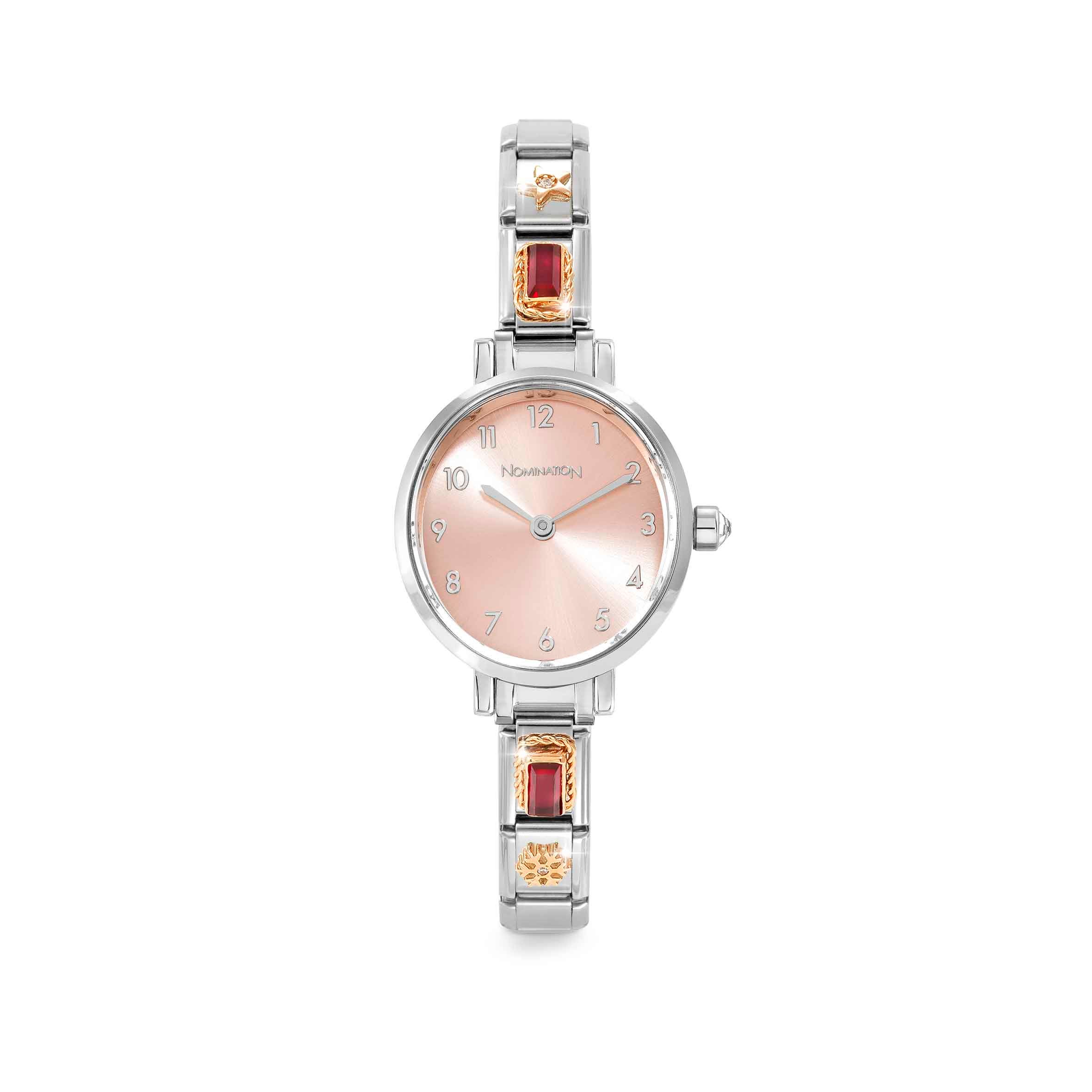 Time Watch, Oval Sunray Pink Dial, 4 Decorated Links on strap
