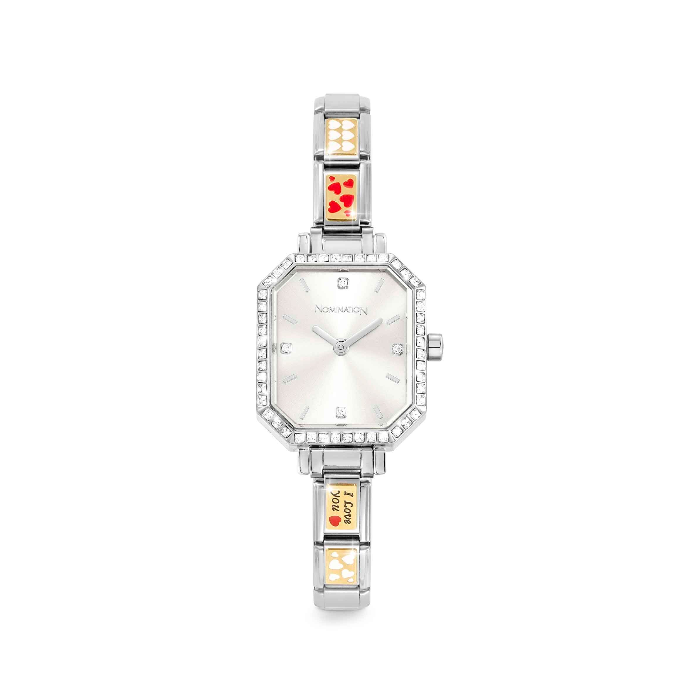 Paris Time Watch, Sunray Silver Dial with white CZ, 4 Decorated Links on strap
