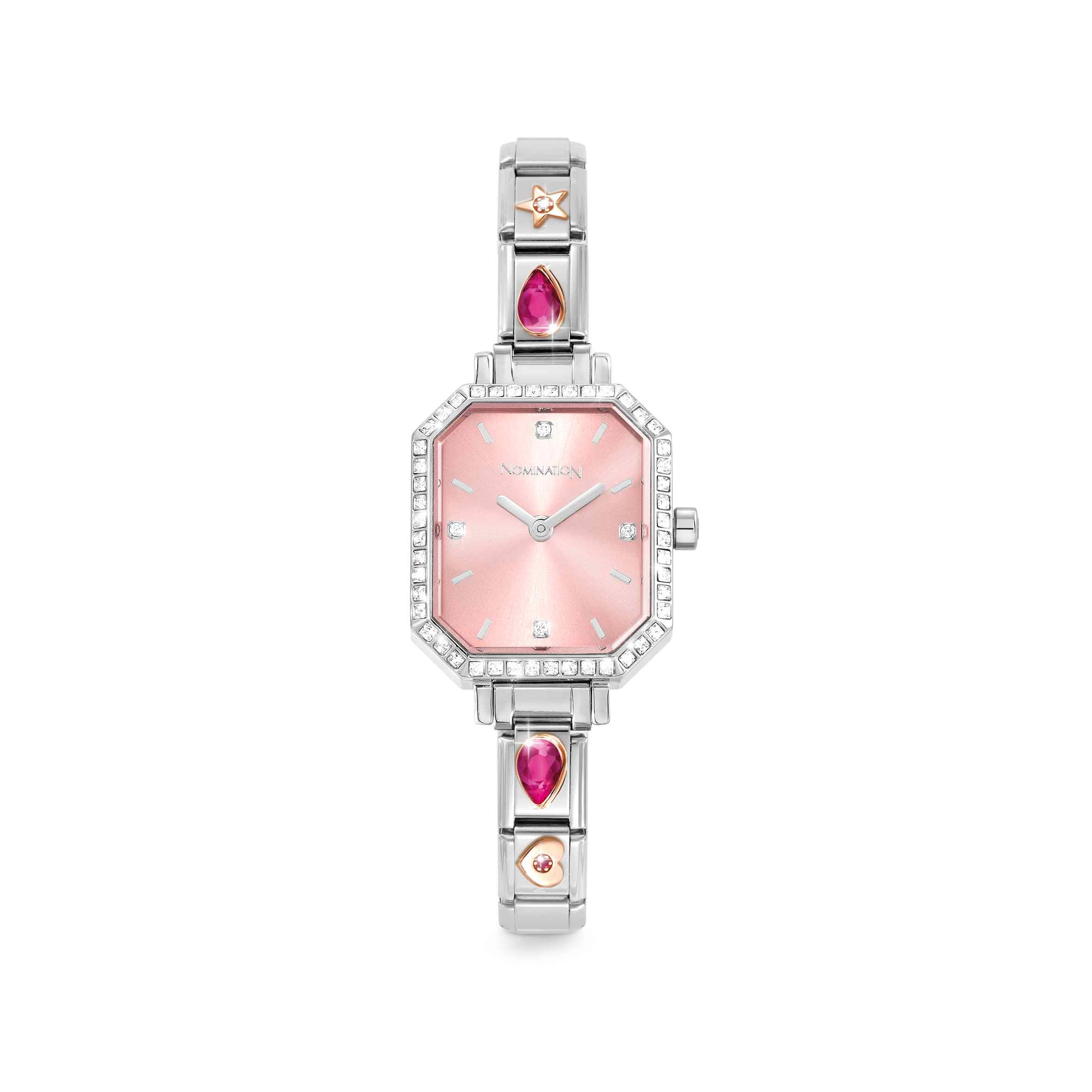 Time Collection Hexagonal Watch, Sunray Pink dial with CZ, watch strap with 4 Decorated Links