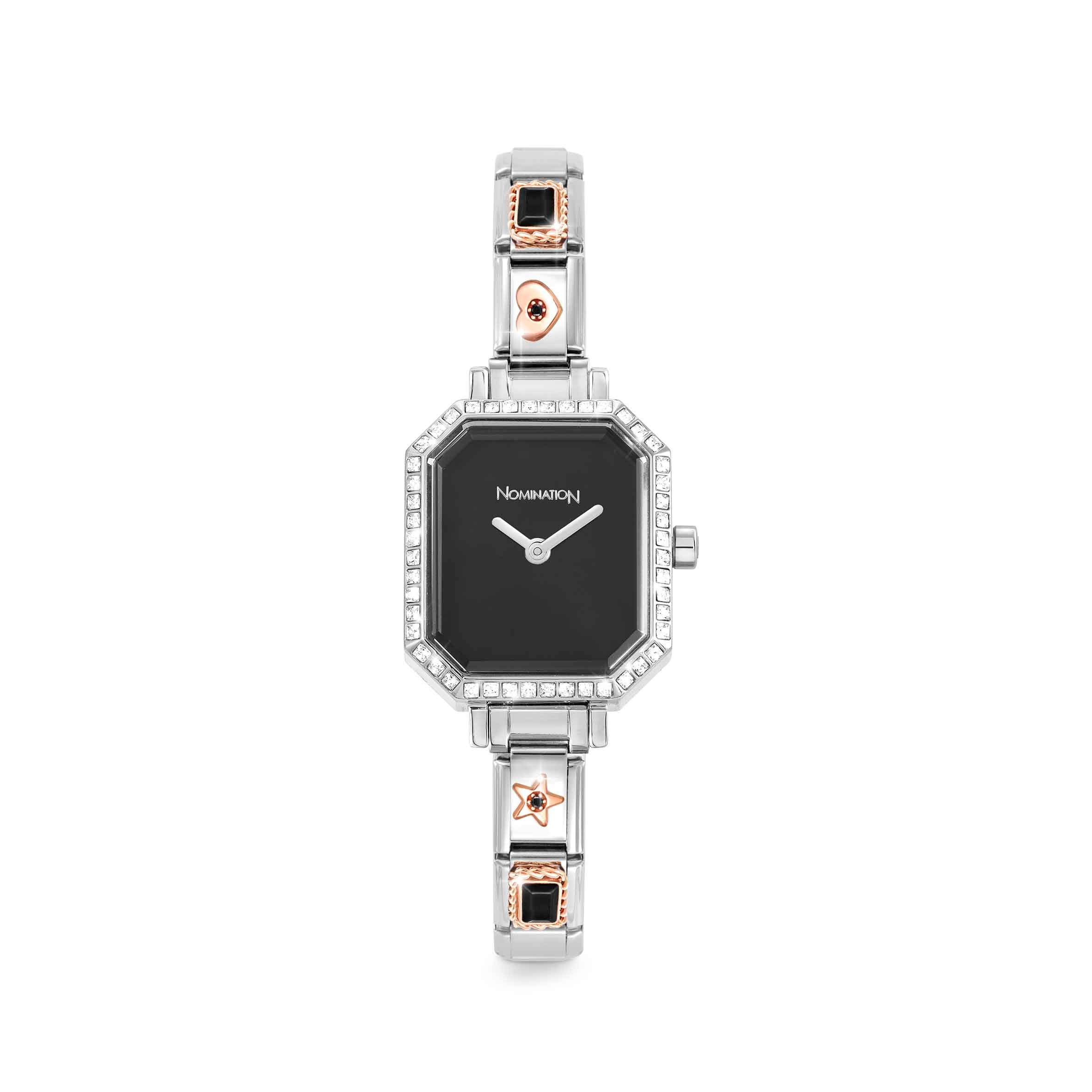 Time Collection Hexagonal Watch, Black dial with CZ, watch strap with 4 Decorated Links