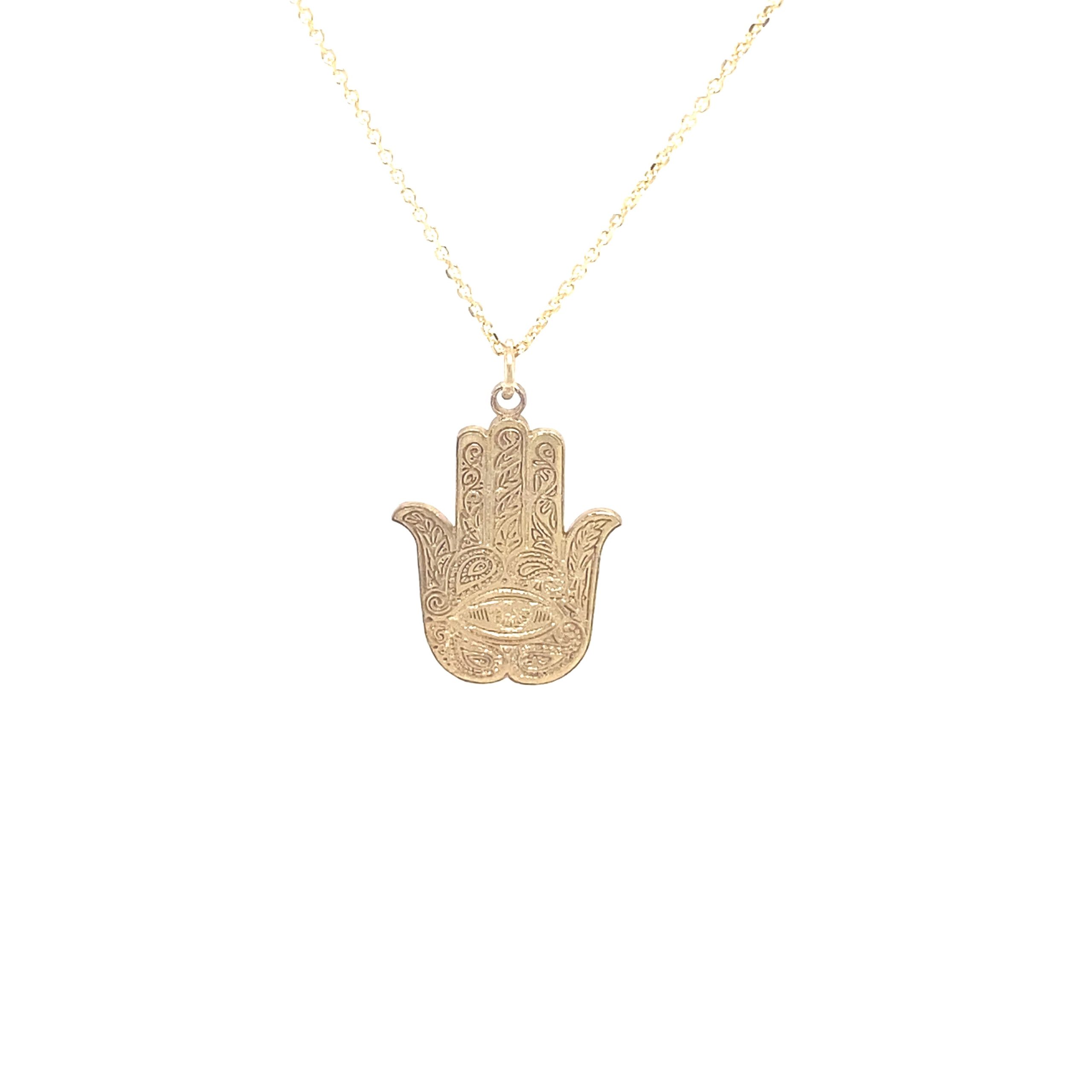 14K Hand of Fatima Engraved Gold Pendant