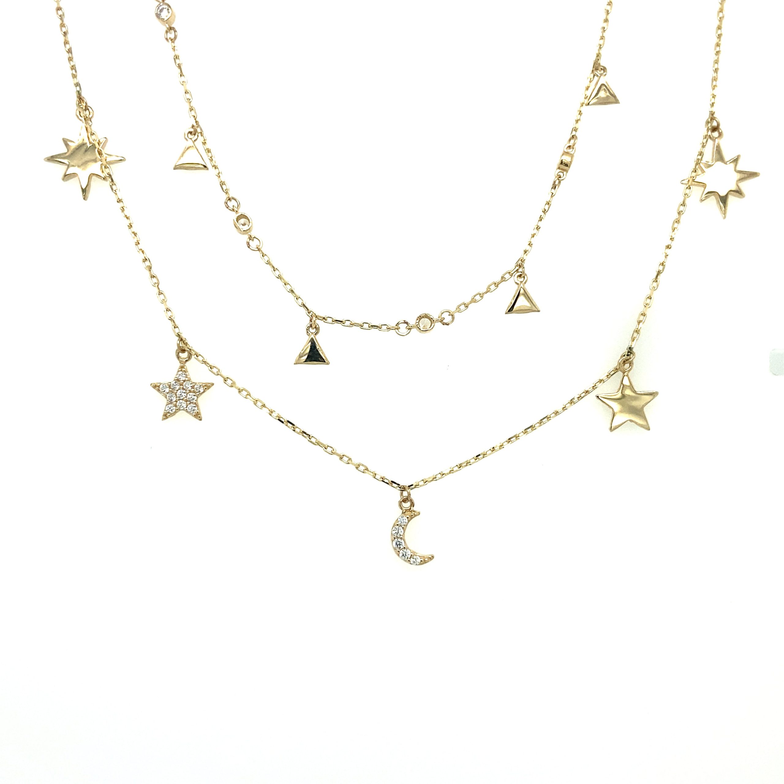 14K GOLD Layered Necklace Moon and Stars with Zirconia