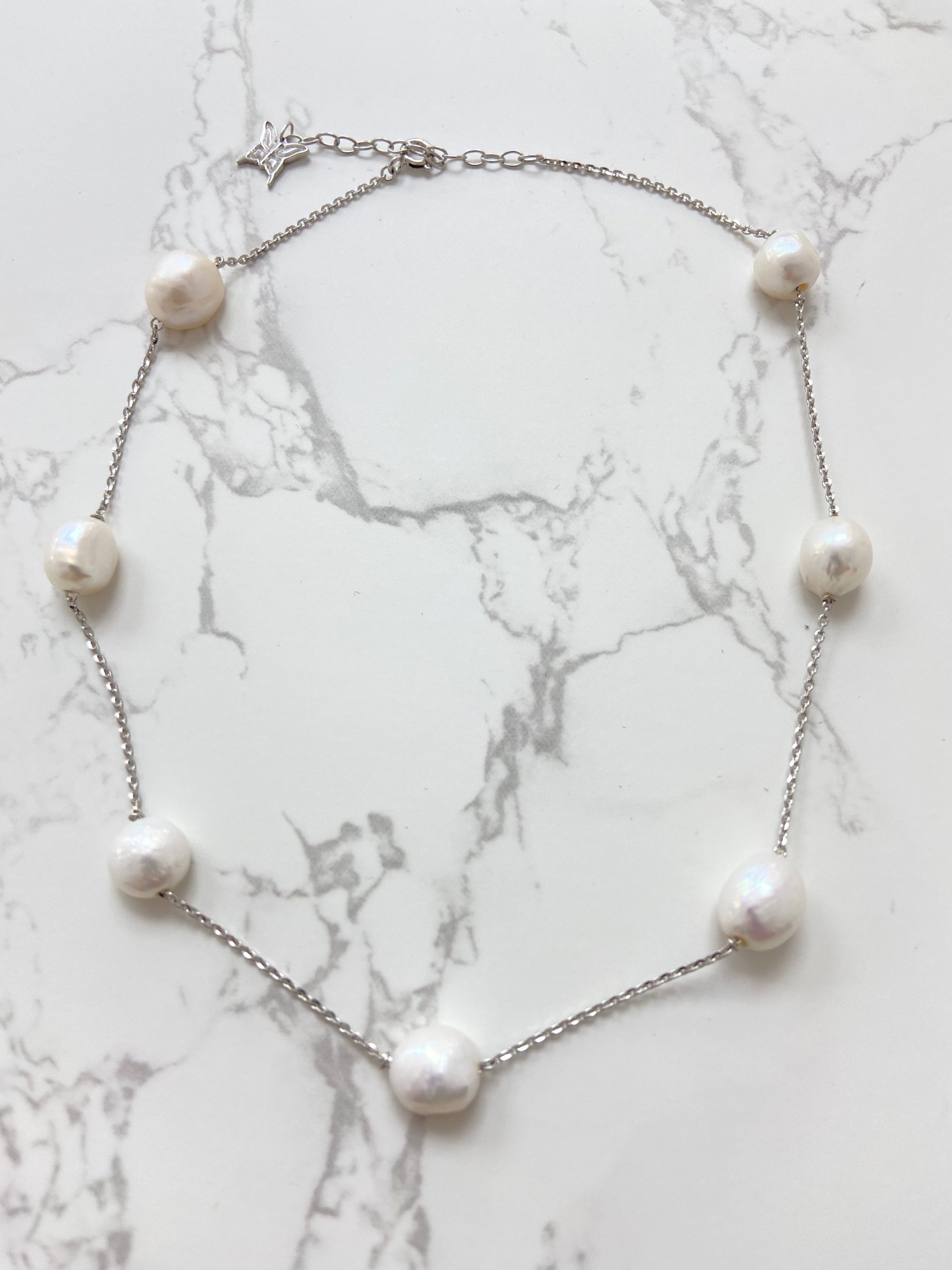 Butterfly Necklace in Silver with Seven Natural Pearl