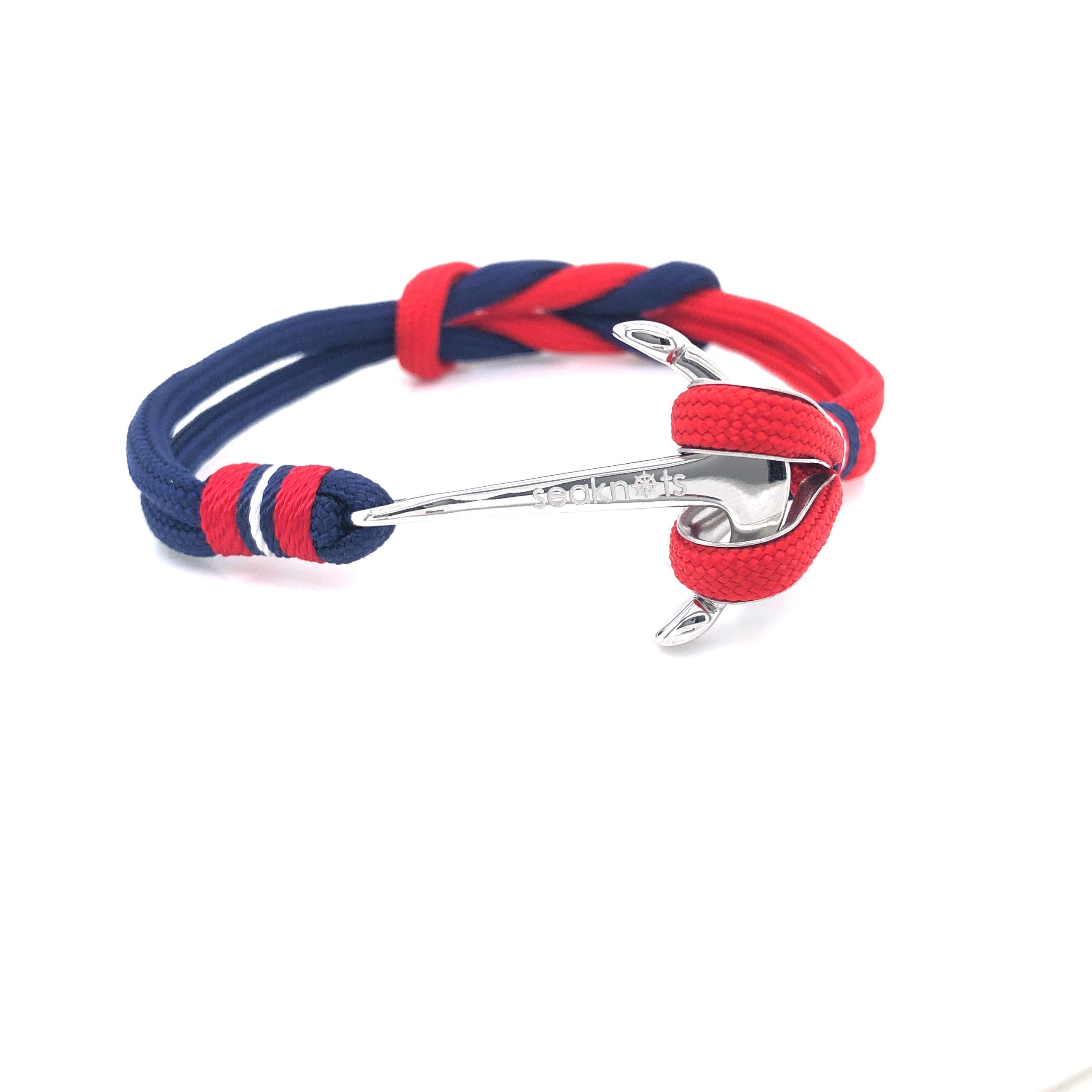 Navy Blue and Red Double Cord with Silver Anchor Bracelet (Blue-Red/Silver)