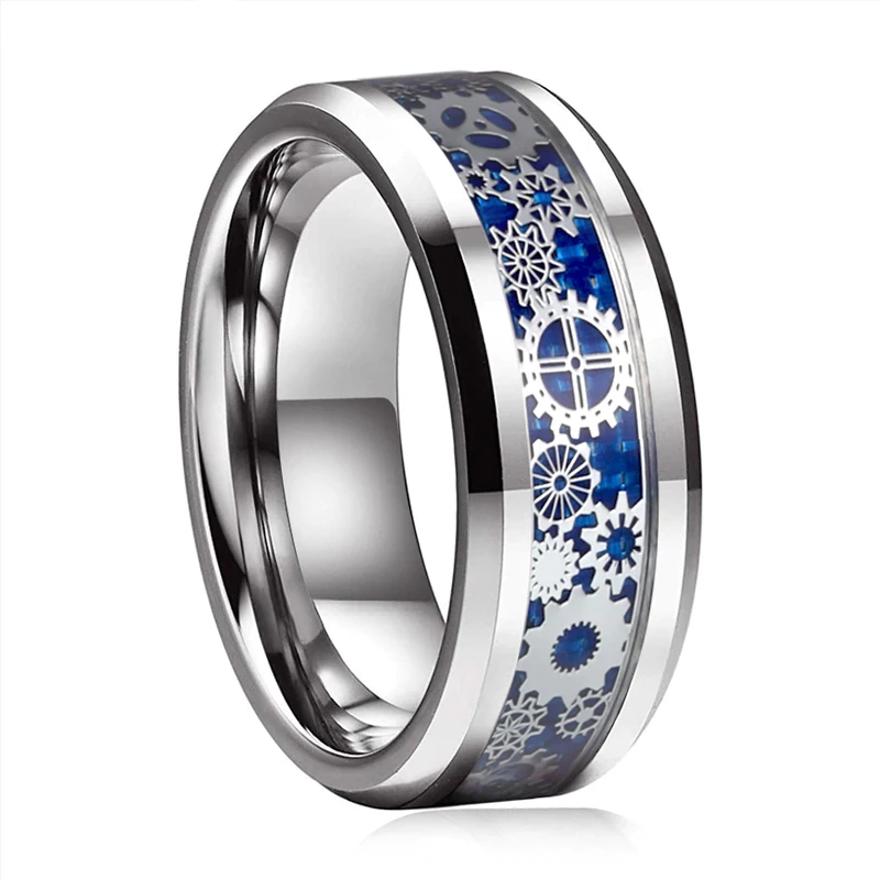 Silver Tungsten Carbide in Blue Inlay with Gear Design Wedding Band