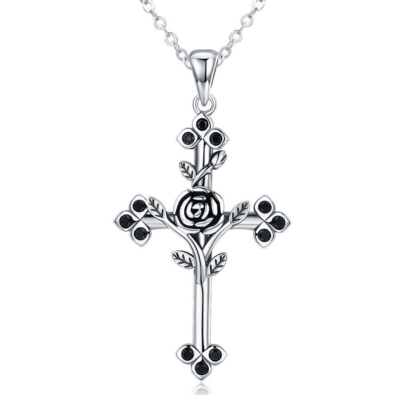 Two-Tone Silver Cross with Overlapping Rose Gold Rose Pendant Necklace