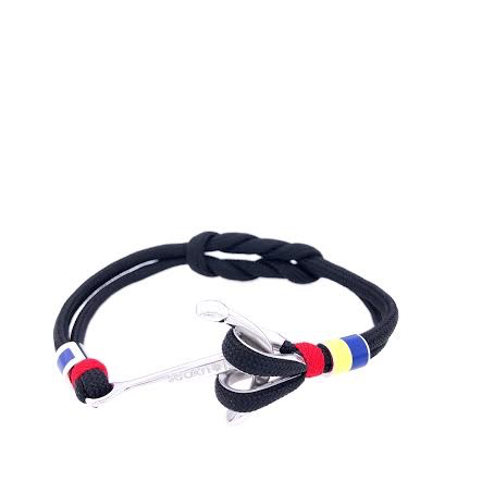 Black Double Cord with Silver Anchor and Nautical Flags Charms Bracelet (Black/Silver)