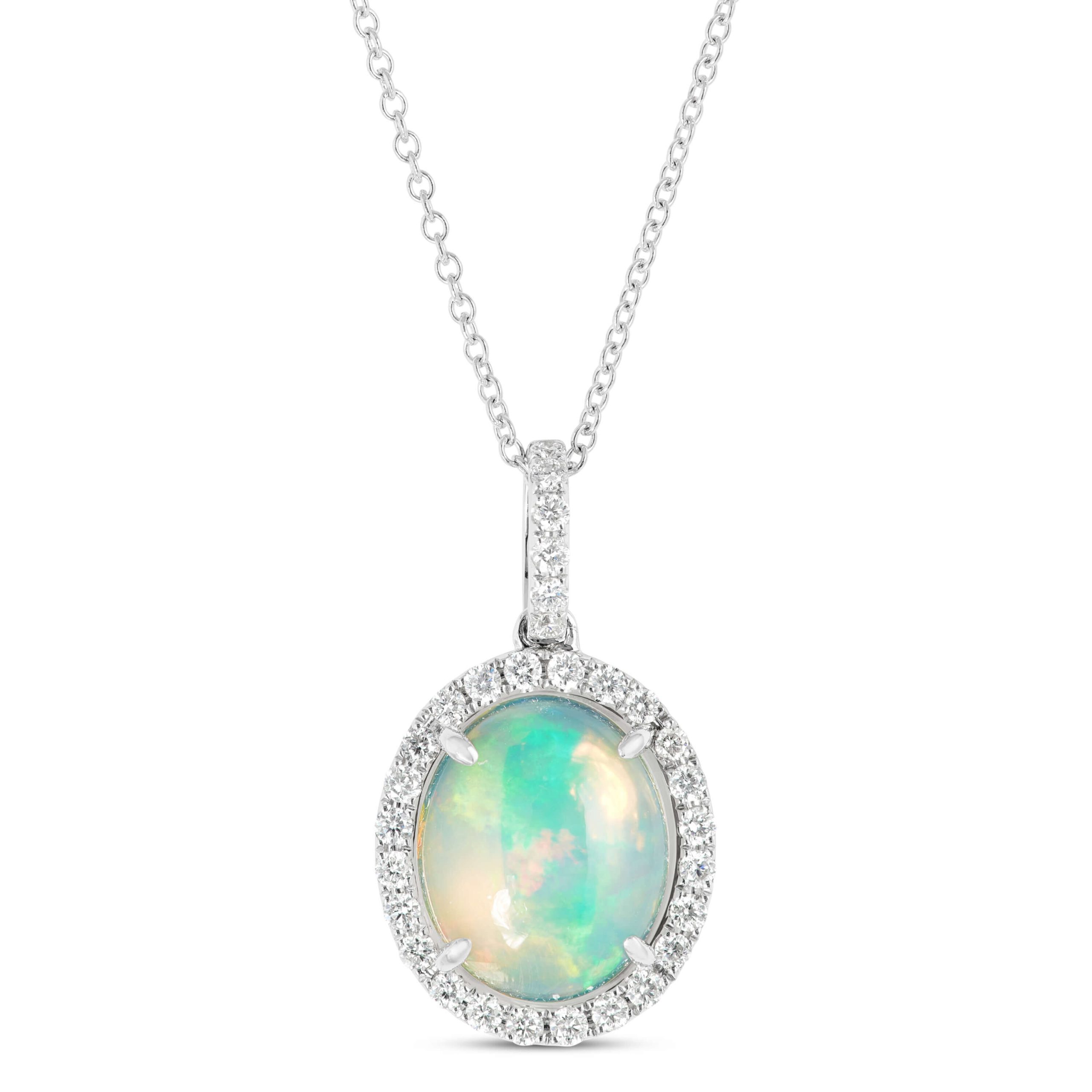 Oval Cut Opal and Diamond Pendant Necklace in 14K White Gold