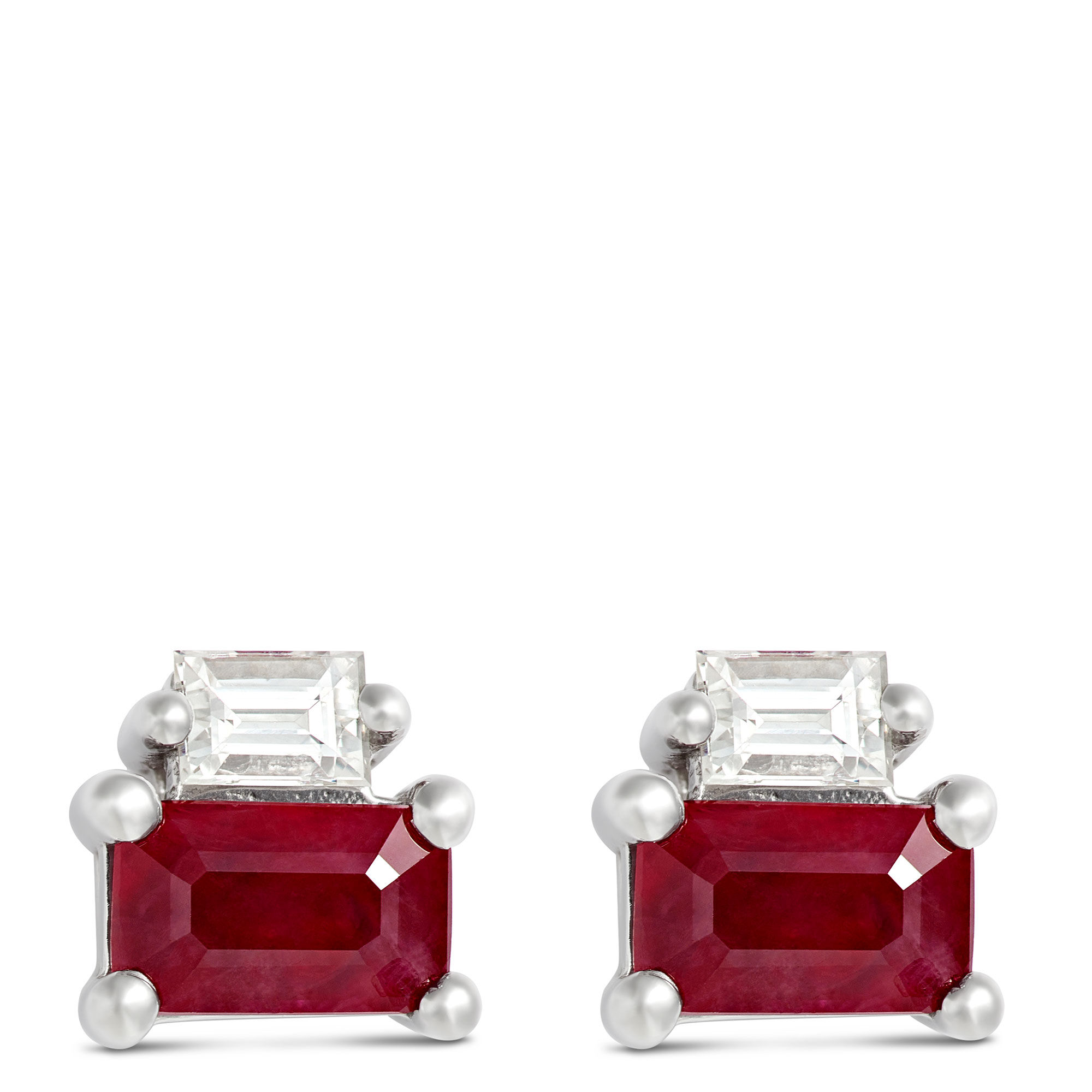 Emerald Cut Ruby and Baguette Diamond Studs