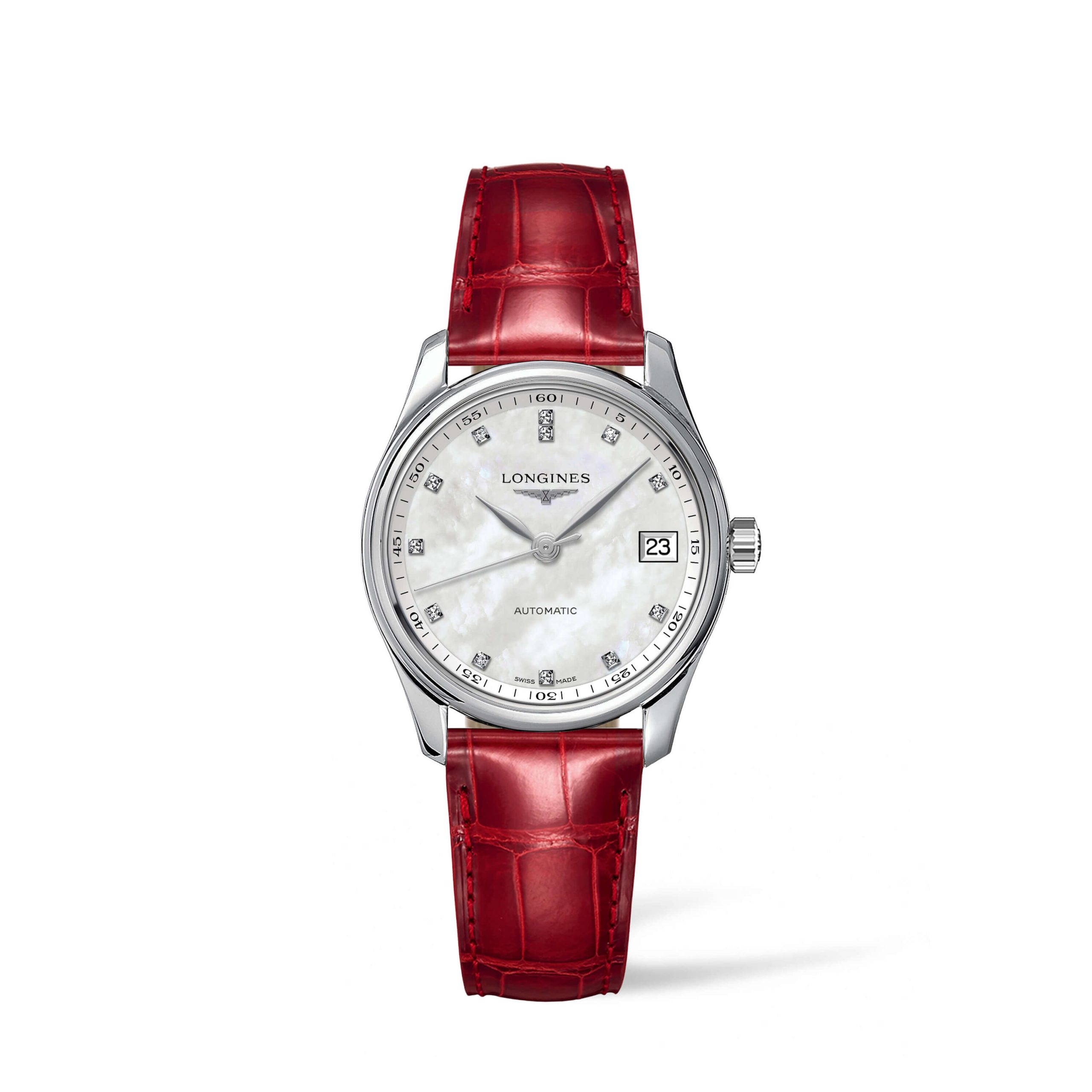 Longines Master Collection Watch Pearlecent Dial Red Leather Strap, 34mm