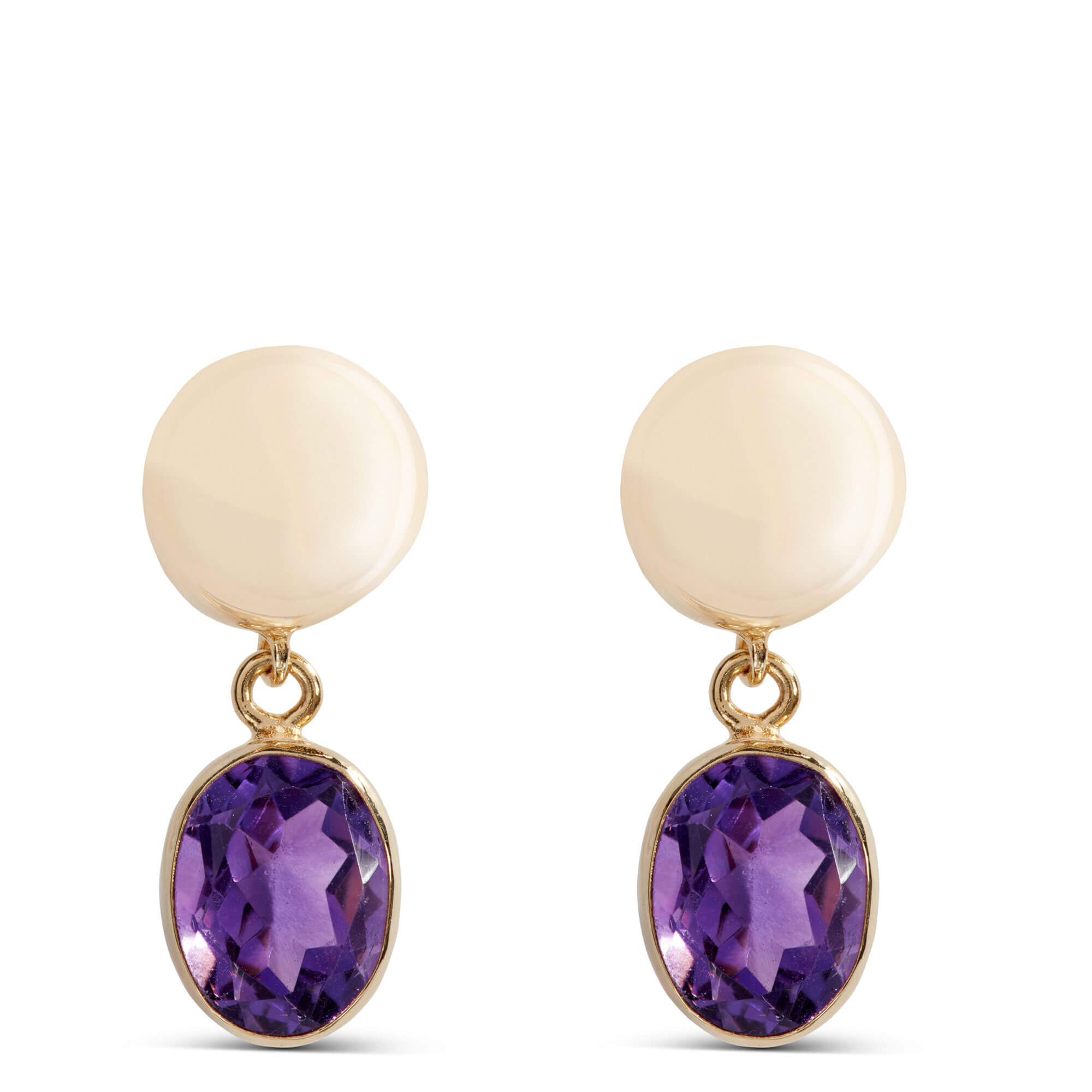 Button Top Oval Amethyst Drop Earrings in 14K Yellow Gold