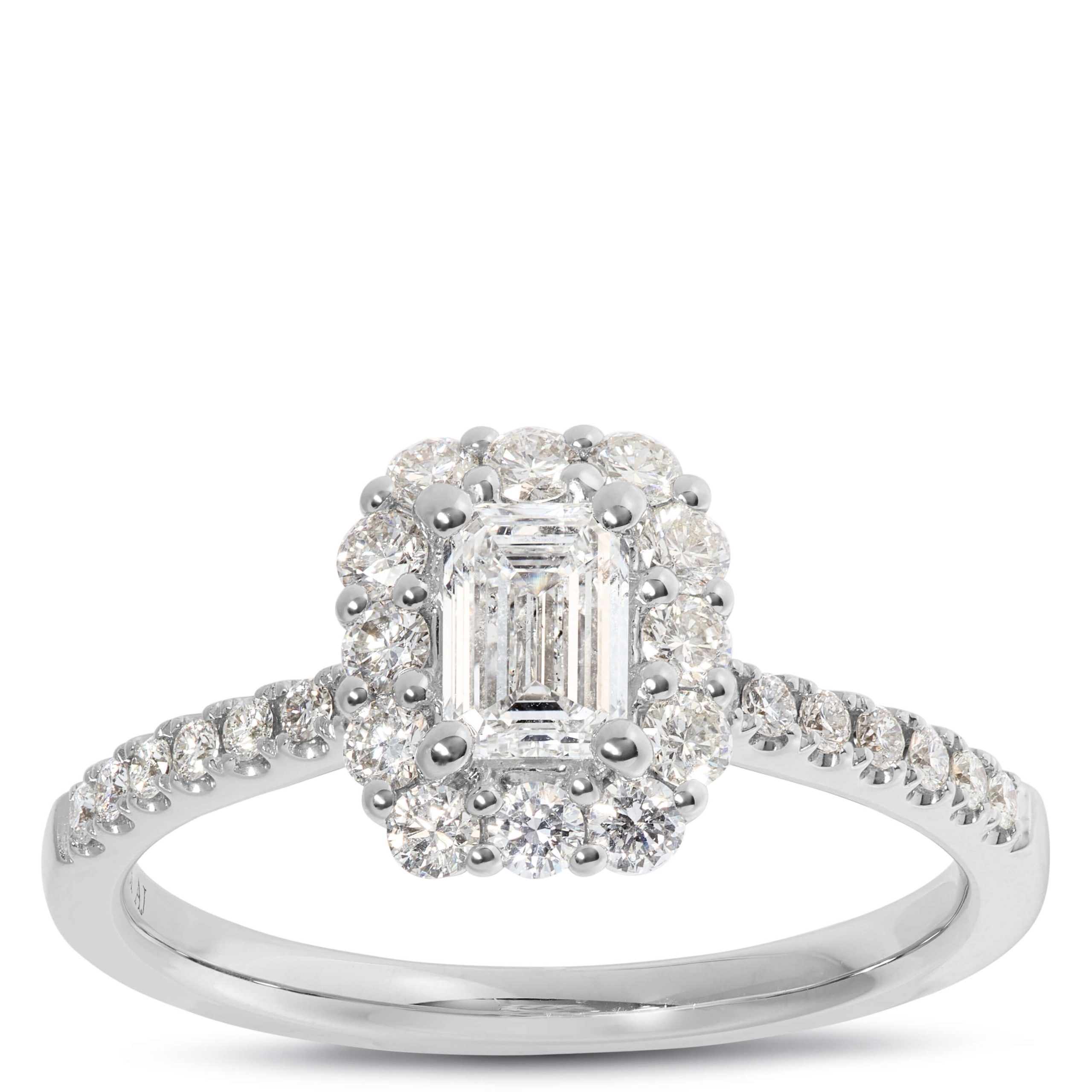 Emerald Cut Diamond Halo Bridal Ring, 14K White Gold
