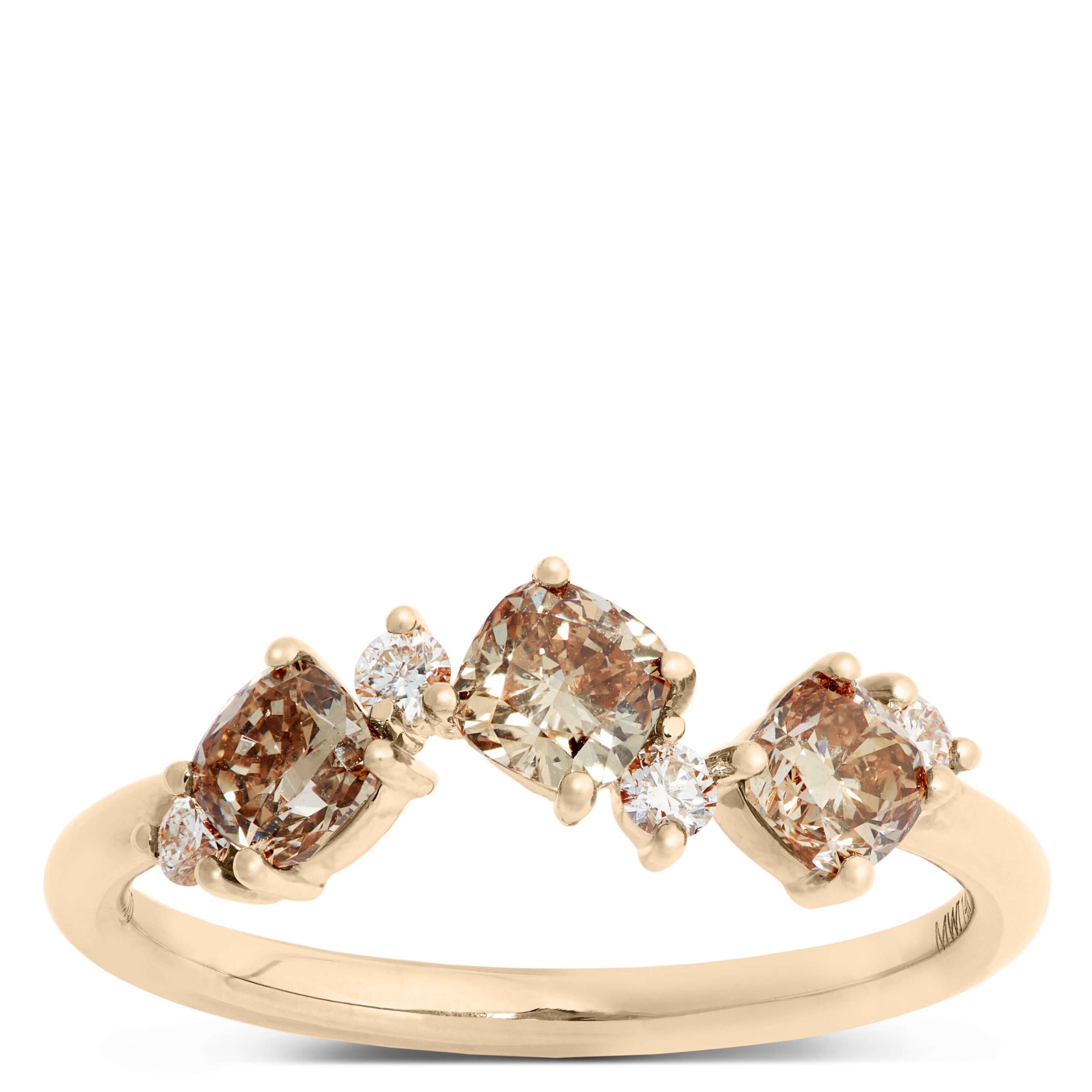 Three Stone Natural Brown Diamond Ring, 14K Yellow Gold