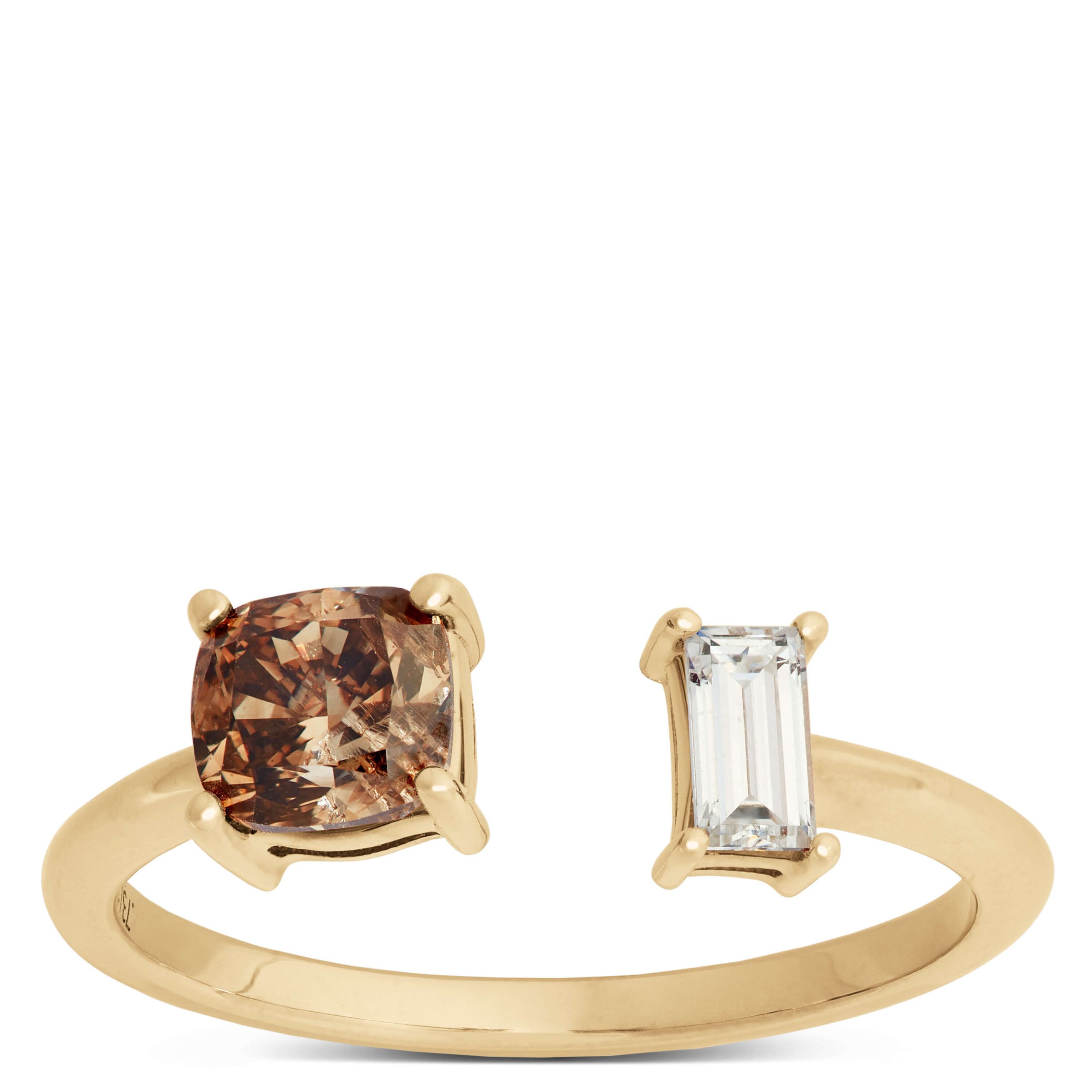 Cushion Cut Natural Brown Diamond and Baguette White Diamond Ring, 14K Yellow Gold