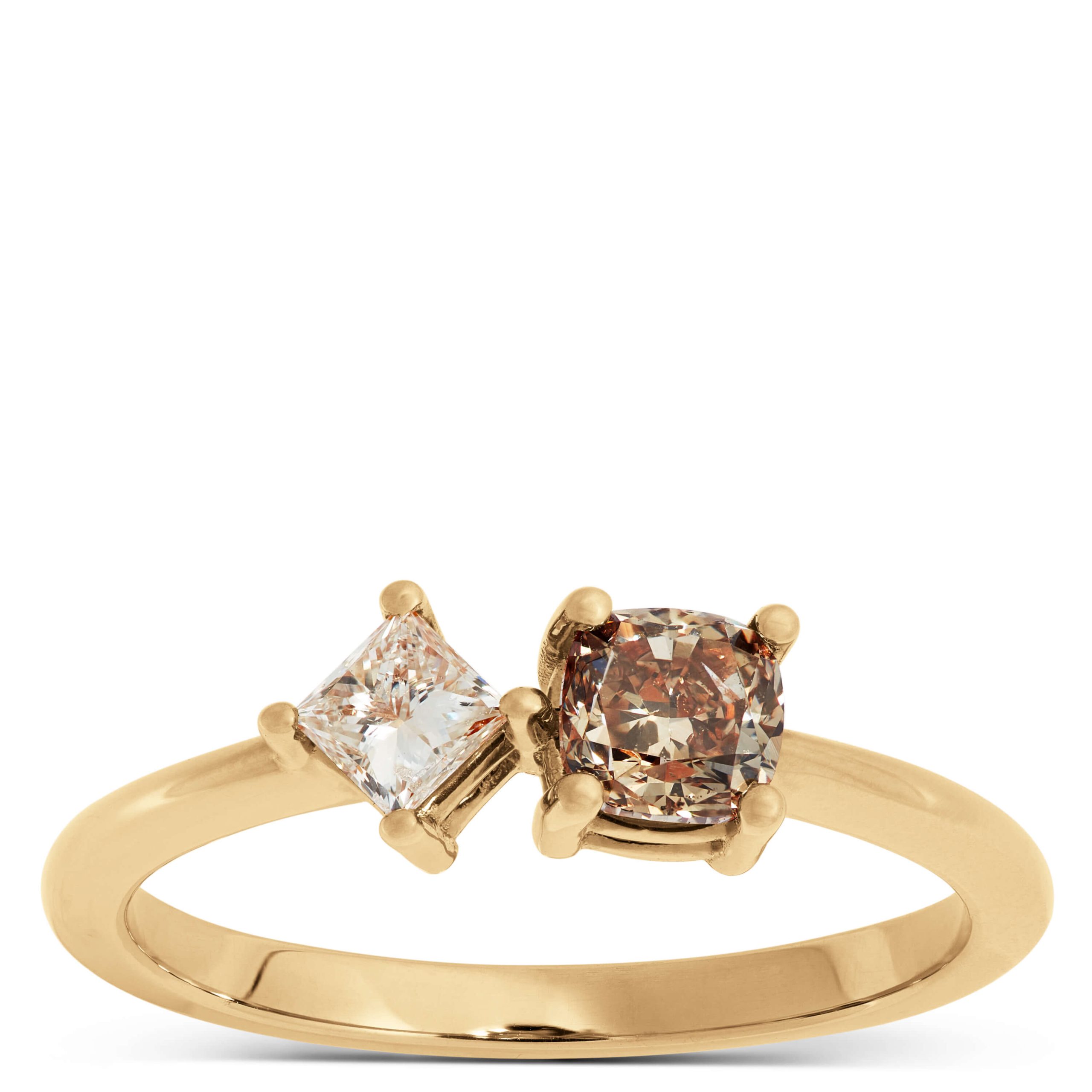 Cushion Cut Natural Brown Diamond and White Diamond Ring, 14K Yellow Gold