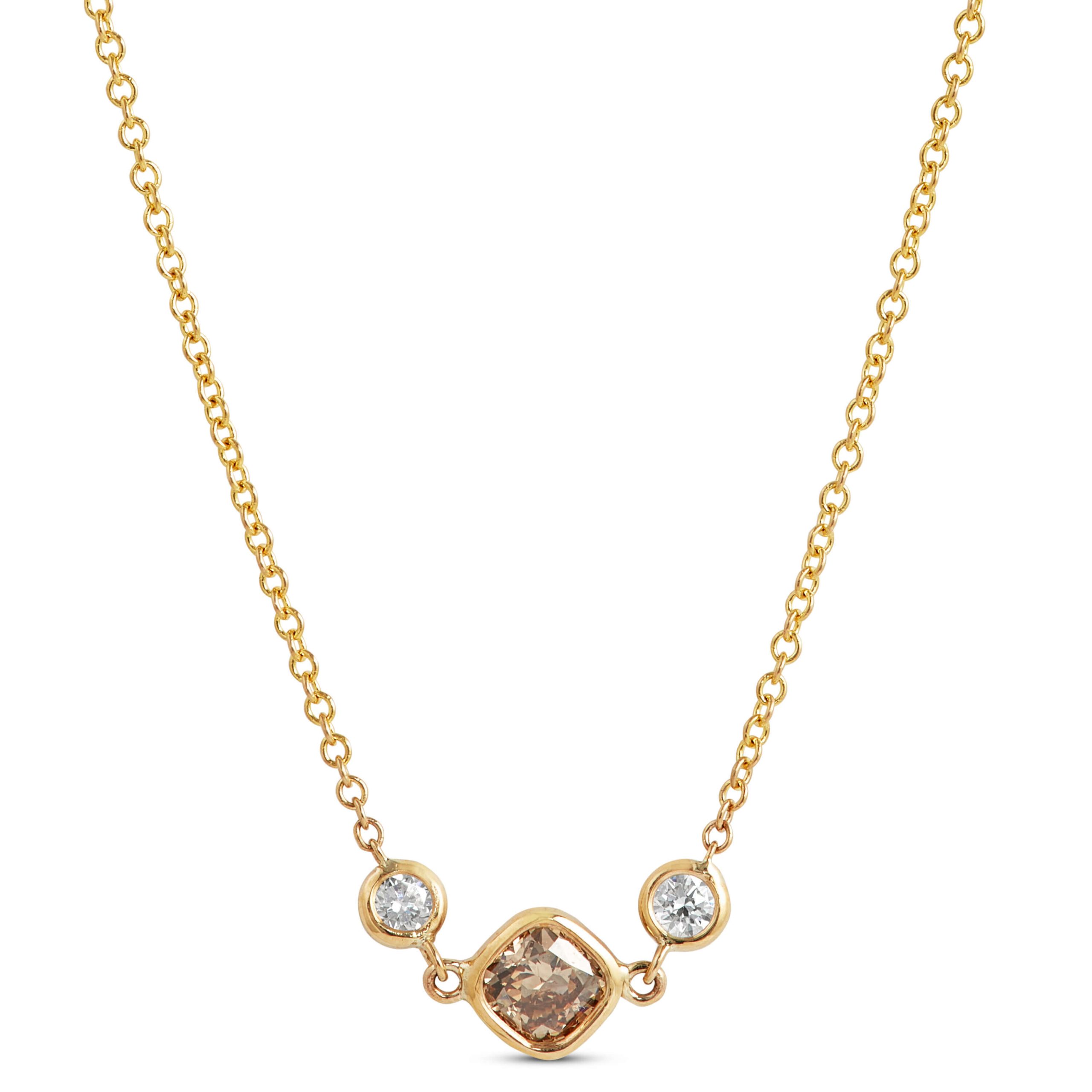 Cushion Cut Natural Brown Diamond Necklace, 14K Yellow Gold