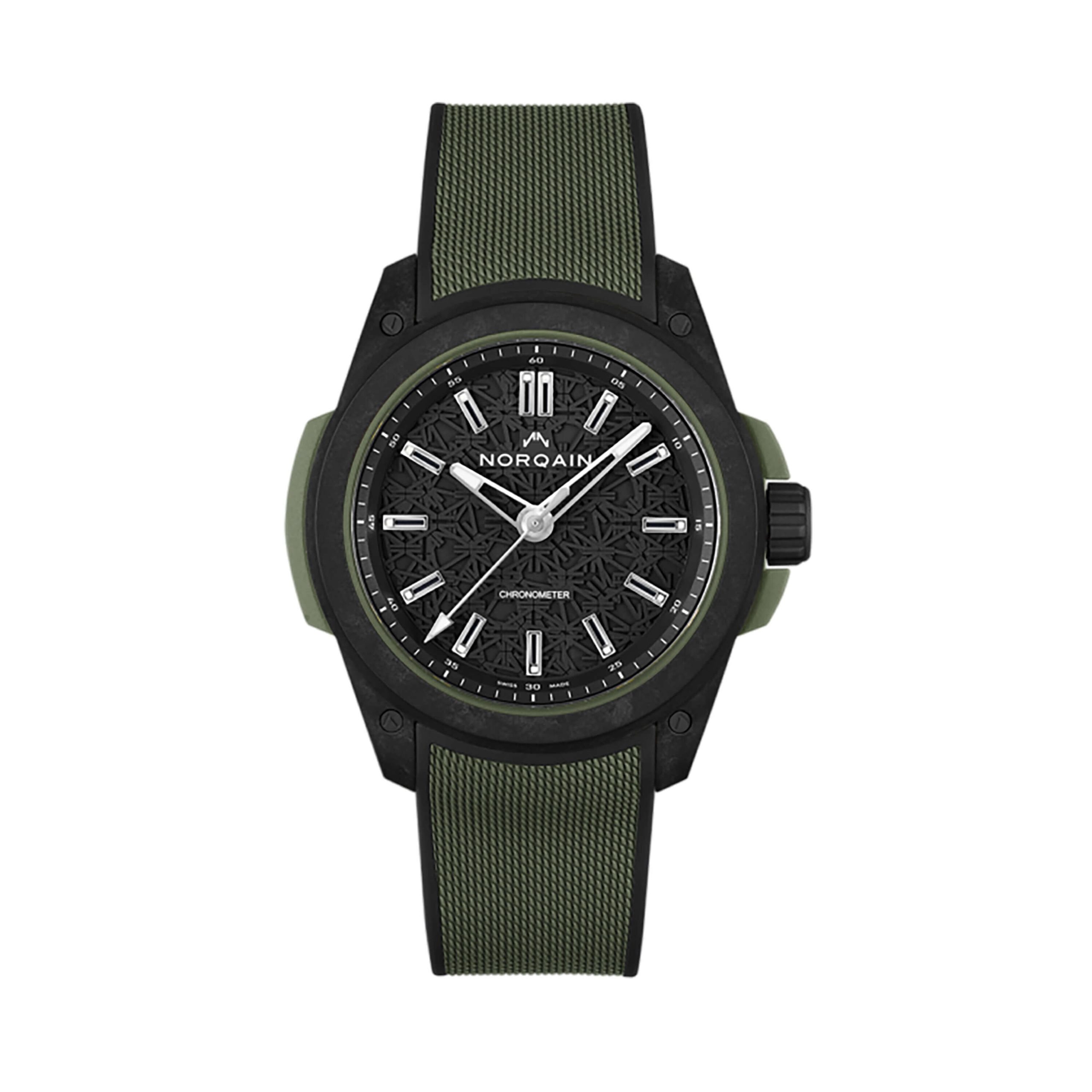 NORQAIN Independence Wild One Watch Black Dial Green Rubber Mesh Strap, 42mm