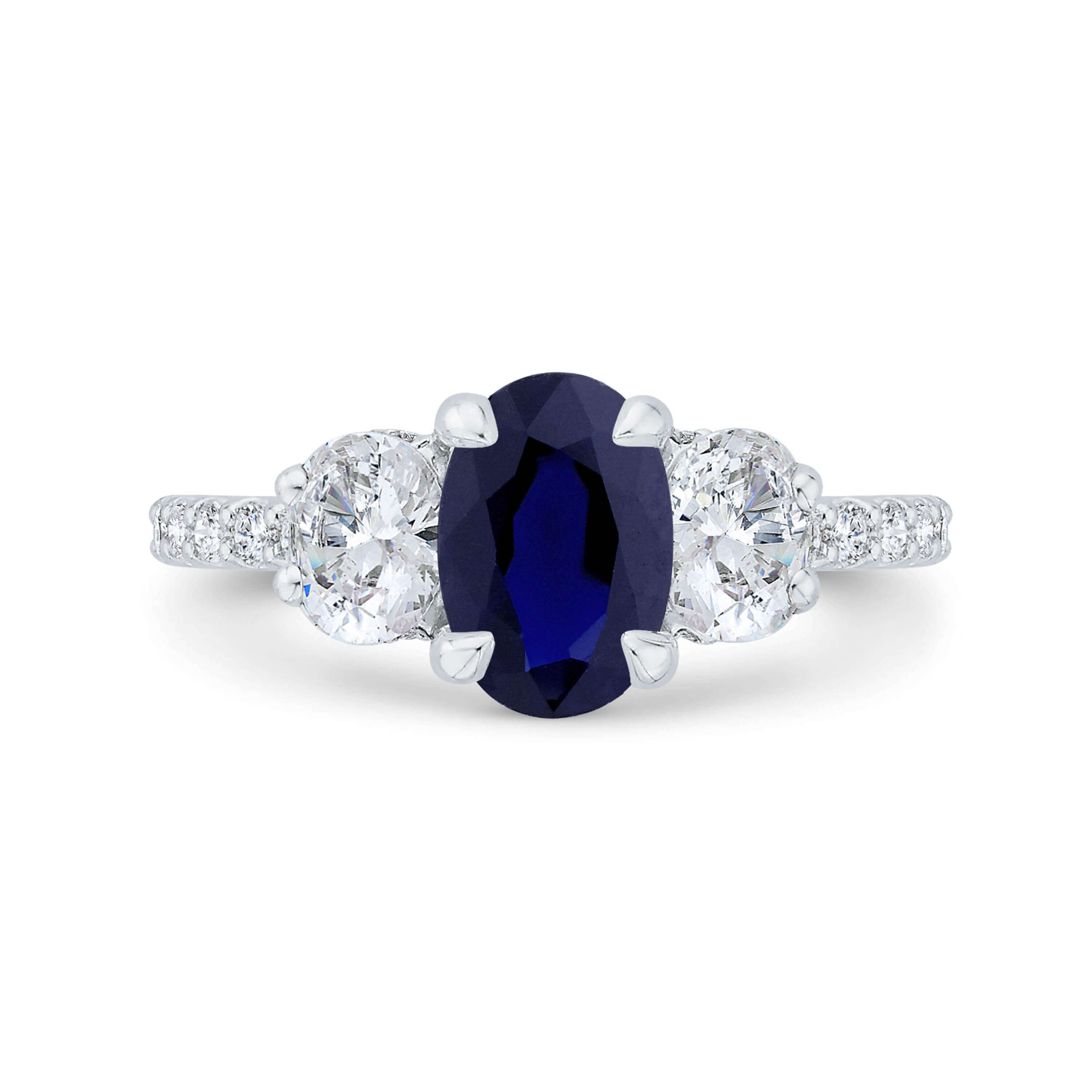 Bella Ponte 3-Stone Oval Cut Sapphire and Diamond Engagement Ring, 14K White Gold