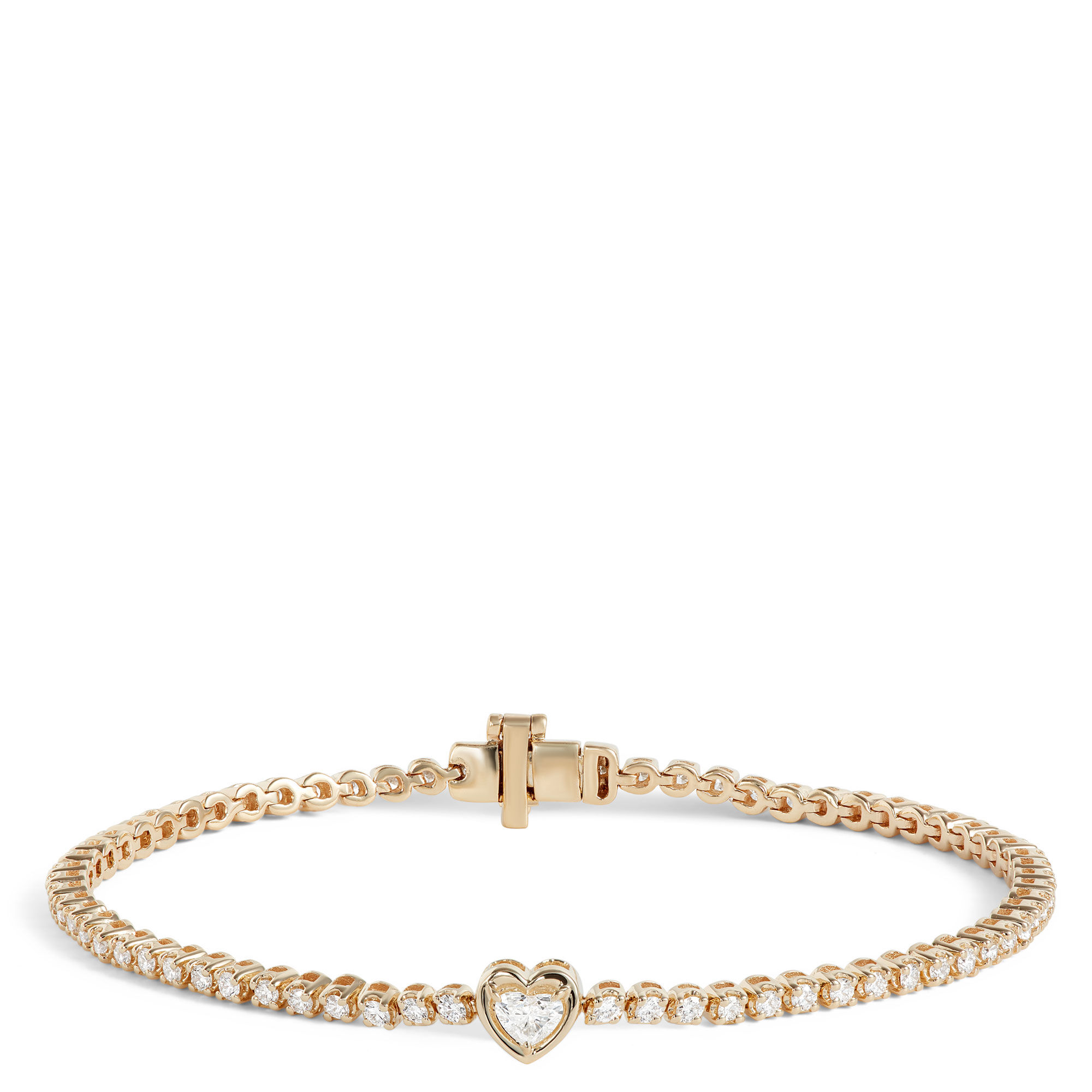 7-Inch Diamond Bracelet With Heart Center, 14K Yellow Gold