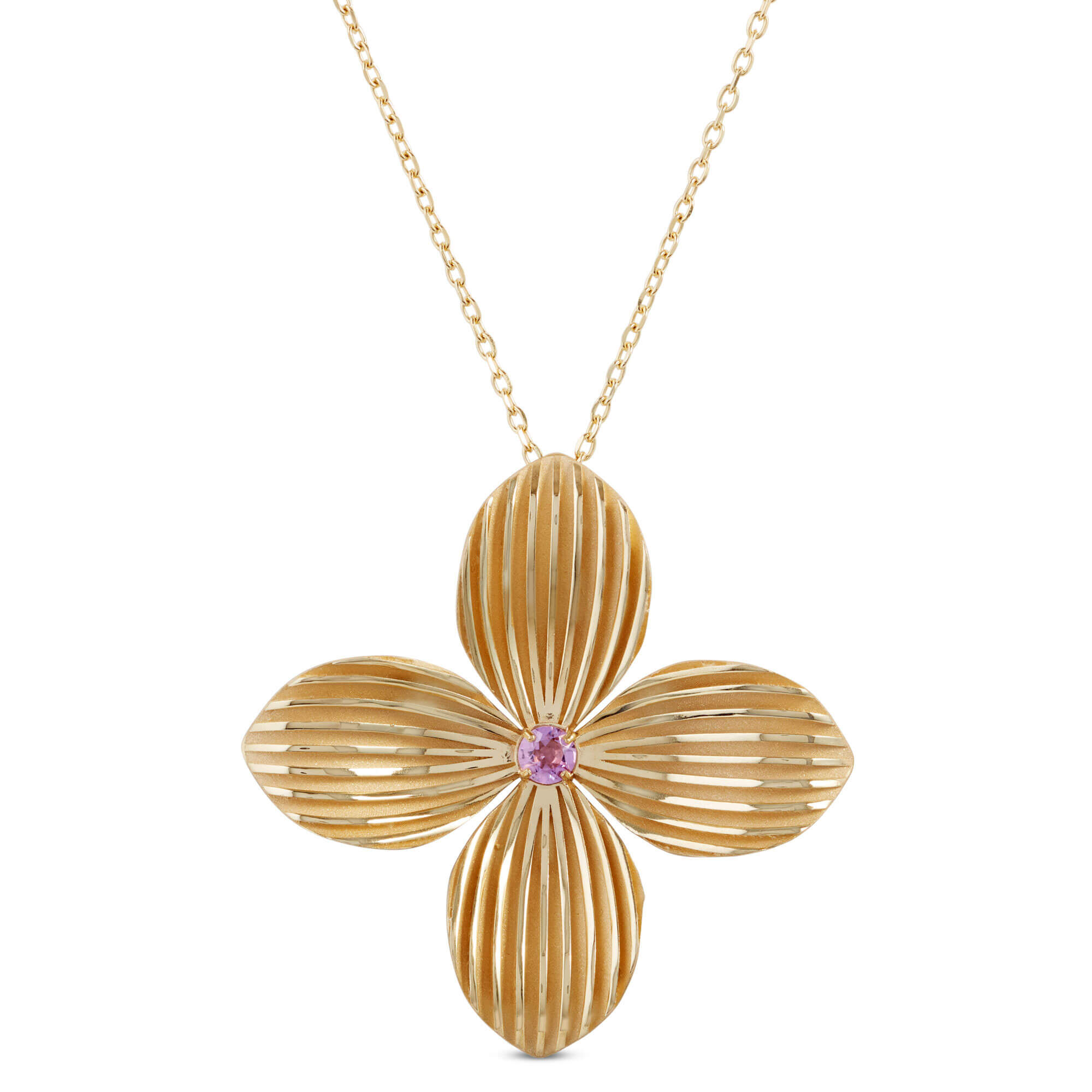 Toscano Flower Shaped Amethyst Pendant Necklace, 14K Yellow Gold
