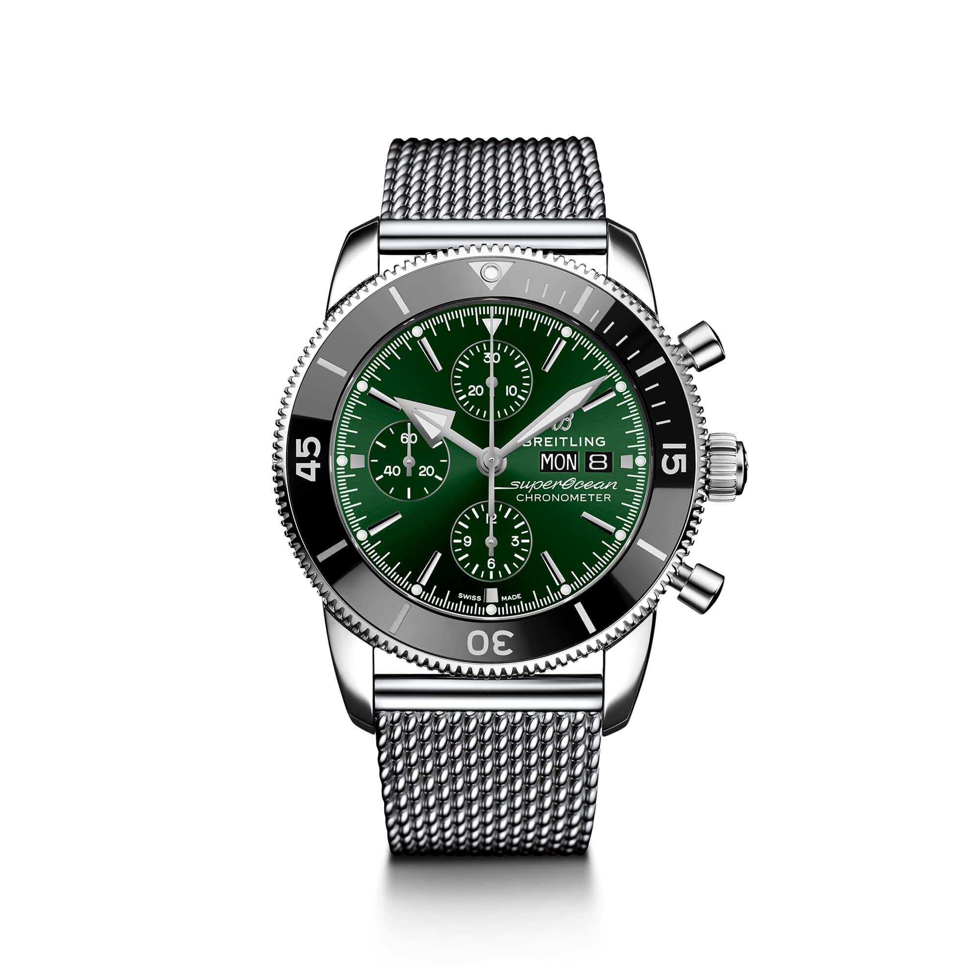 Breitling Superocean Heritage Chronograph Watch Green Dial Steel Bracelet, 44mm