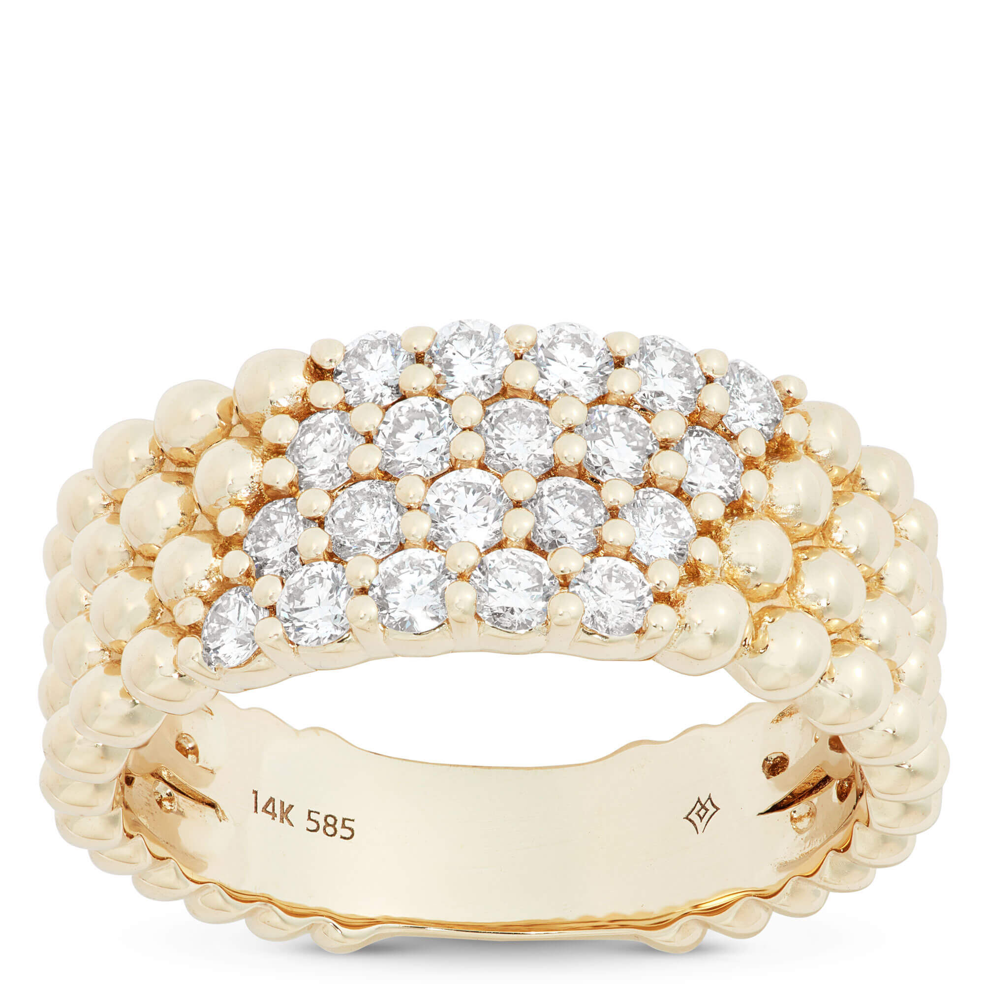 Four-Row Beaded Band with Diamonds, 14K Yellow Gold Size 7
