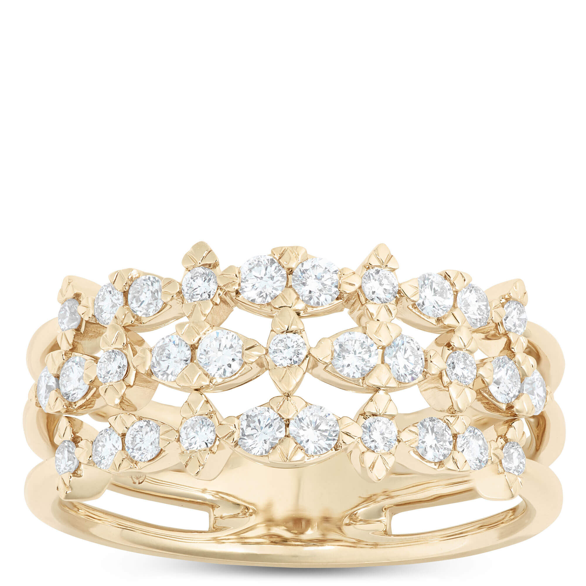 Three-Row Round Diamond Ring, 14K Yellow Gold