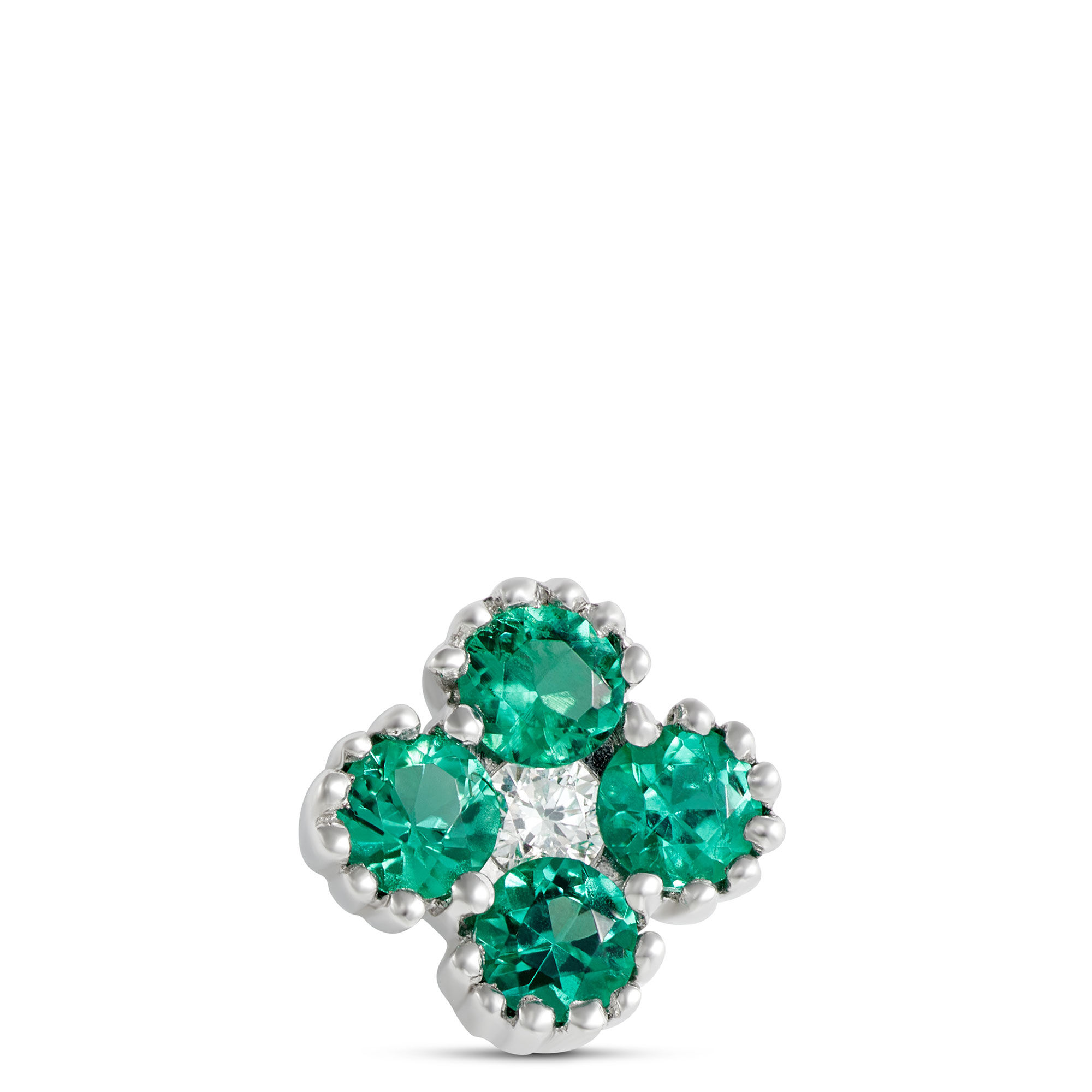Floral Shape Emerald and Diamond Single Stud, 14K White Gold