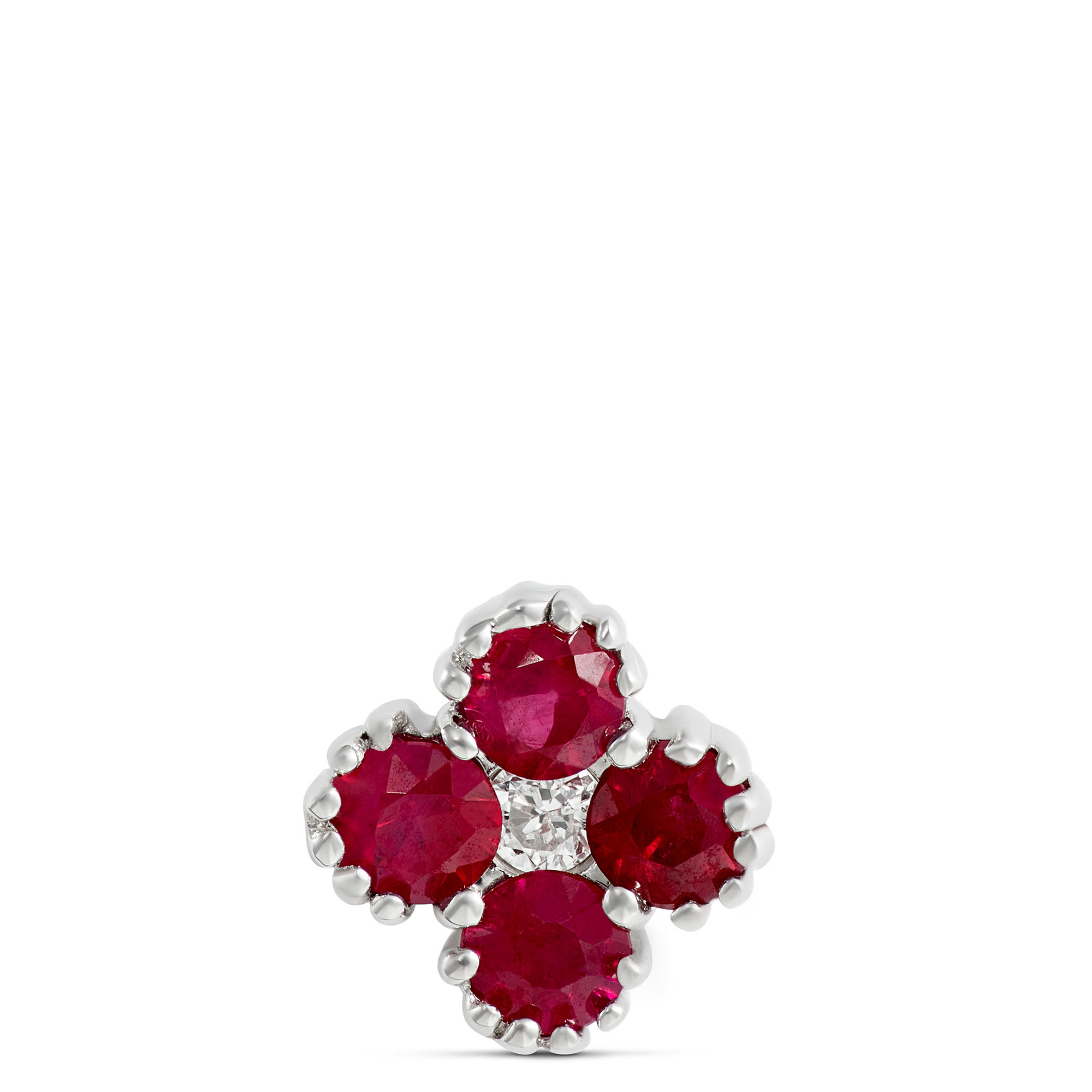 Floral Shape Ruby and Diamond Single Stud, 14K White Gold