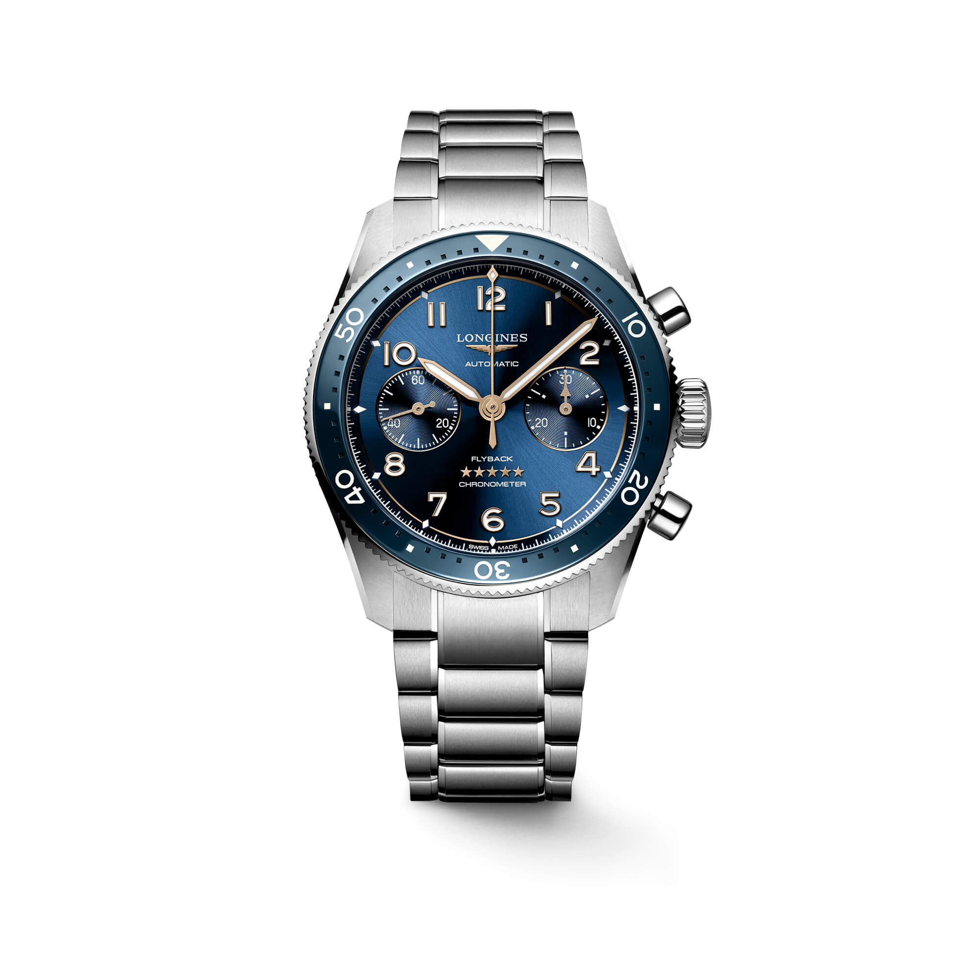 Longines Spirit Chronograph Watch Blue Dial Steel Bracelet, 42mm
